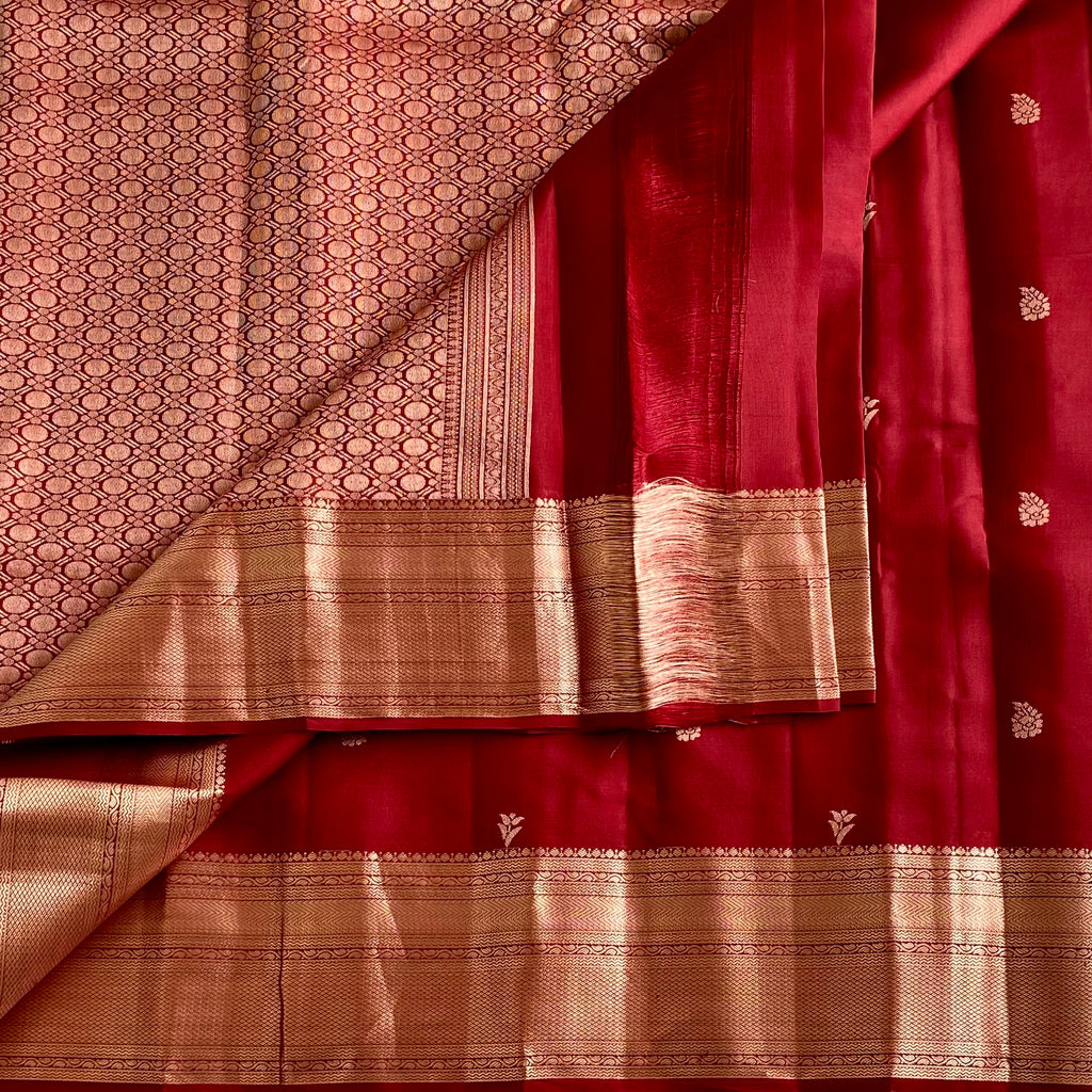Brick Red Designer Pure Silk Saree With And Antique Gold