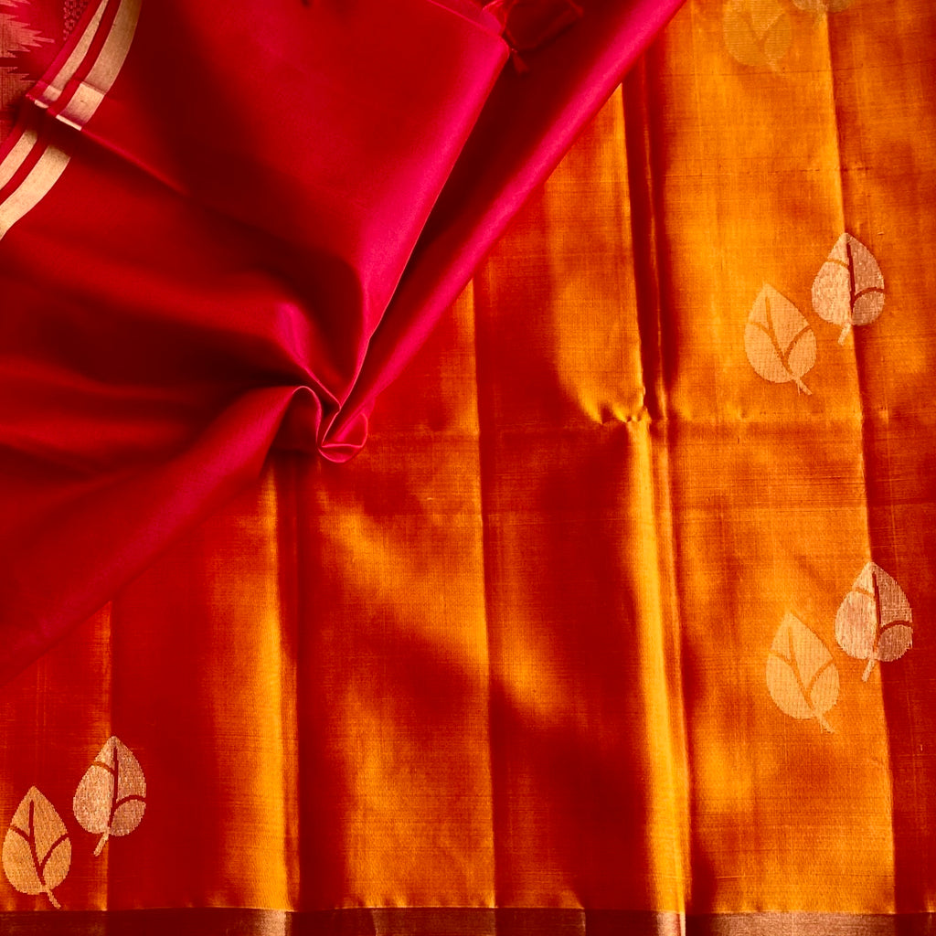 Saffron Orange Designer Pure Silk Saree With Rich Magenta Pallu