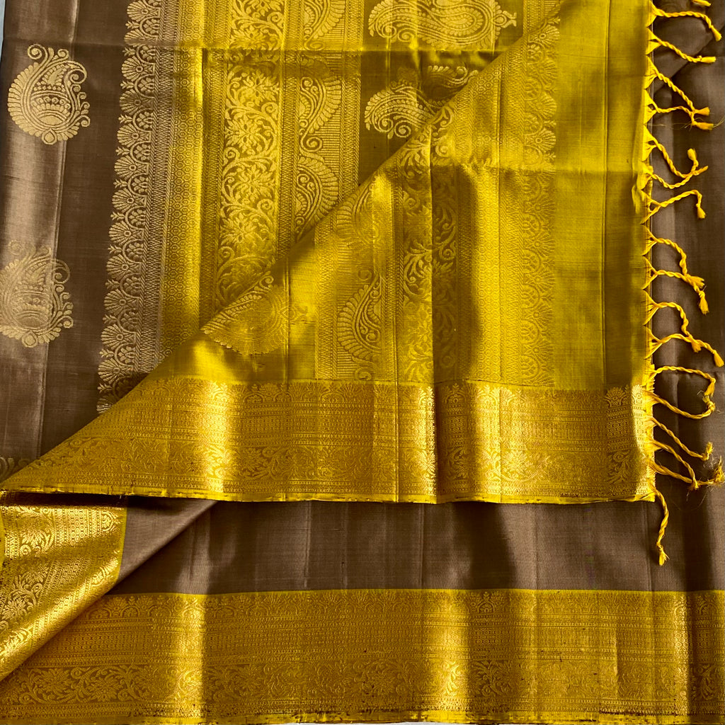 Greyish Beige Designer Pure Silk Saree With Mustard Yellow Pallu