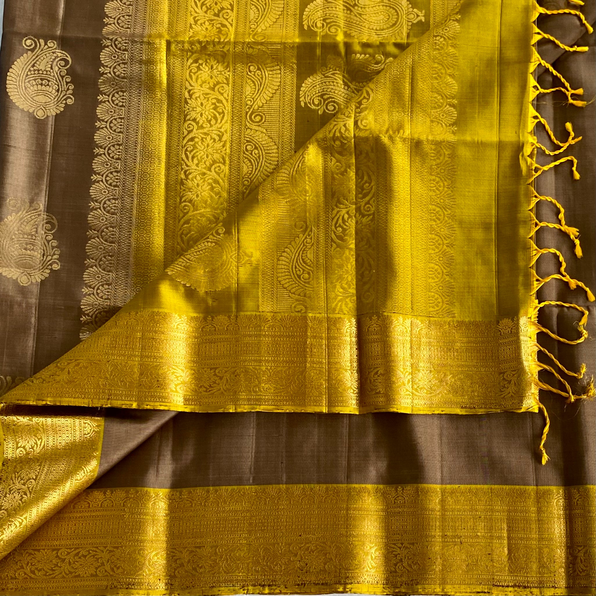 Greyish Beige Designer Pure Silk Saree With Mustard Yellow Pallu