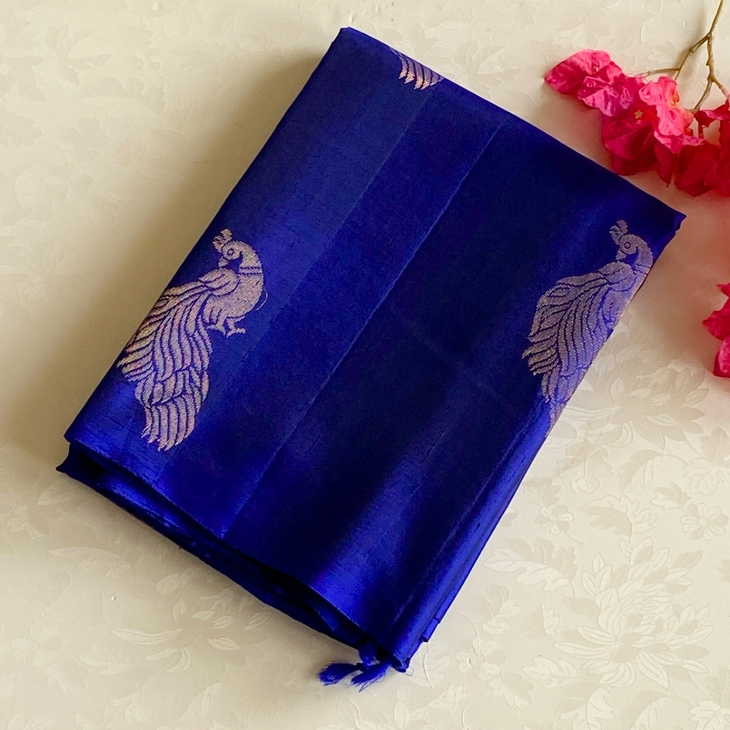 Royal Blue Silk Saree Rose Gold Zari Peacock Floral Jacquard