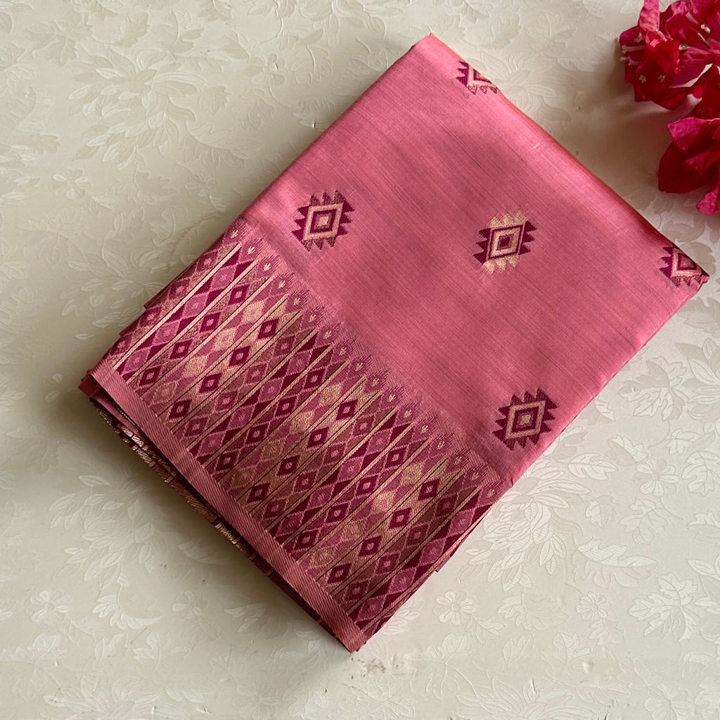 Rose Pink Silk Saree with Gold Zari Diamond Pallu Border