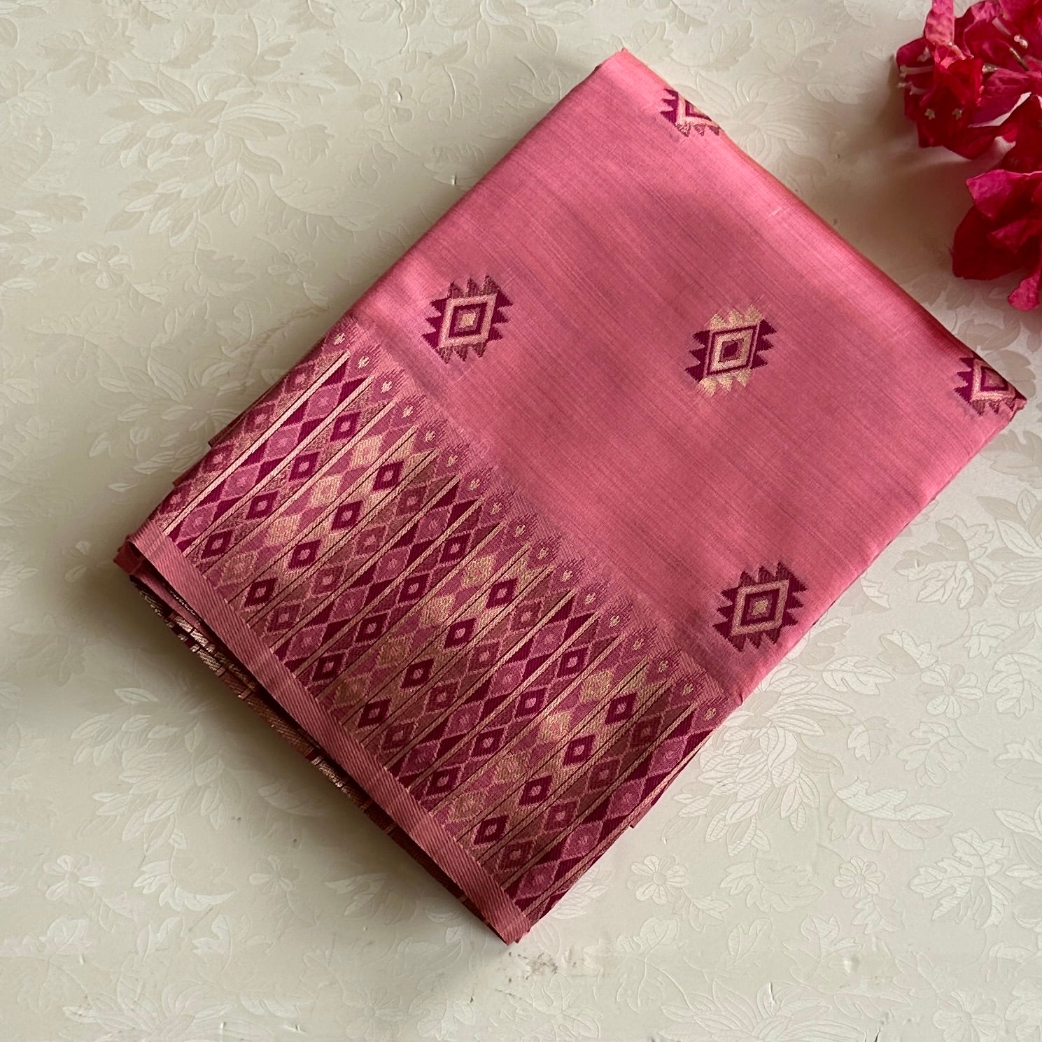 Rose Pink Silk Saree with Gold Zari Diamond Pallu Border