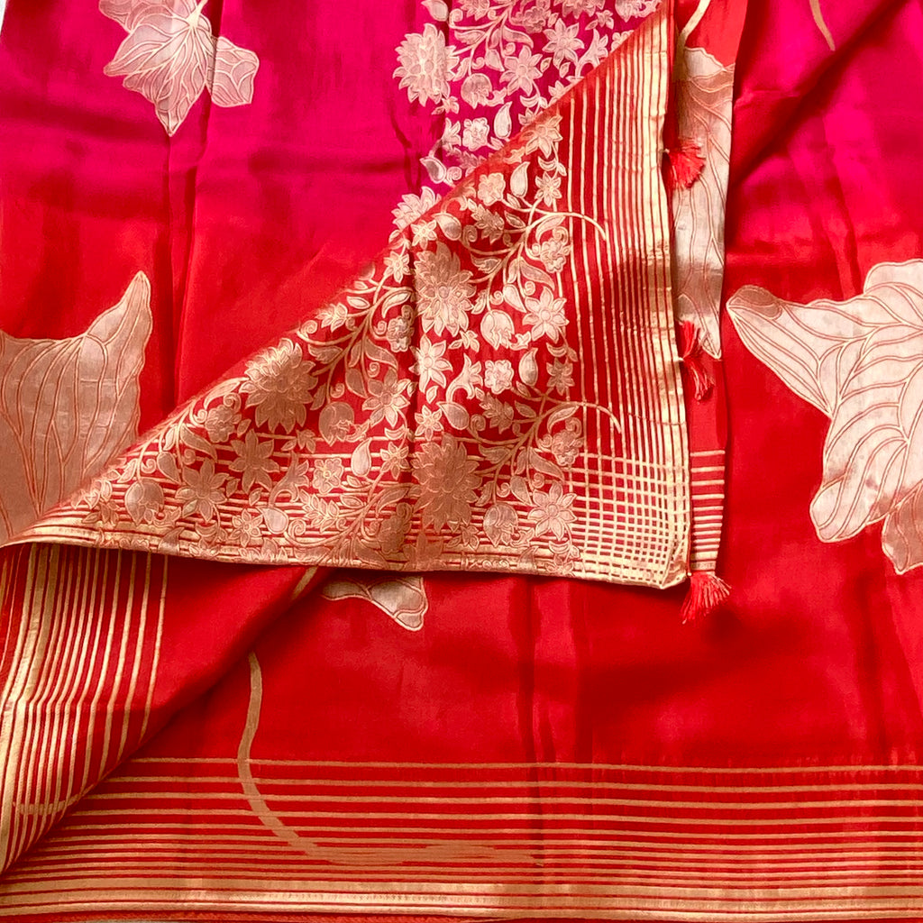 Ombre red with pink soft satin crepe designer stunner