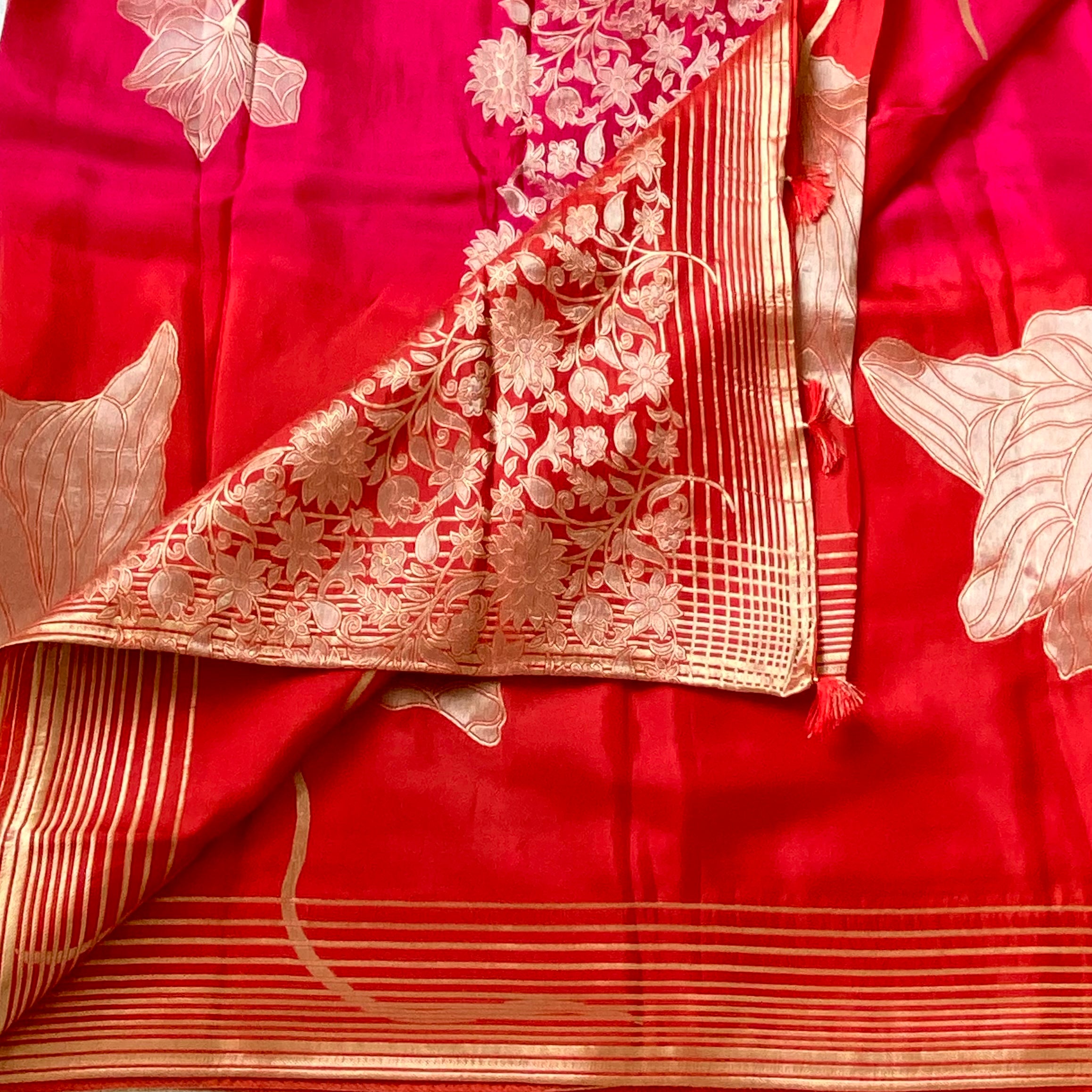 Ombre red with pink soft satin crepe designer stunner