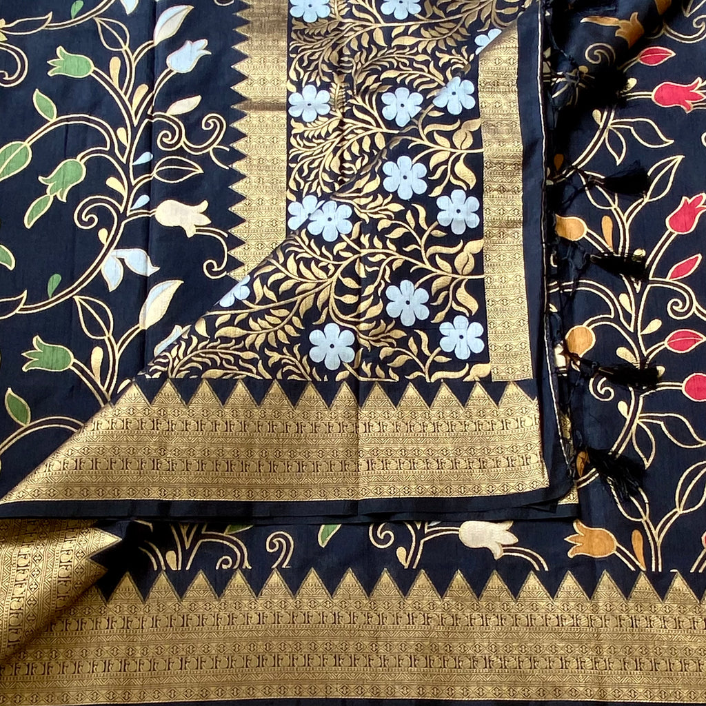 Black Silk Saree Gold Brocade Floral White Blossom Woven Border