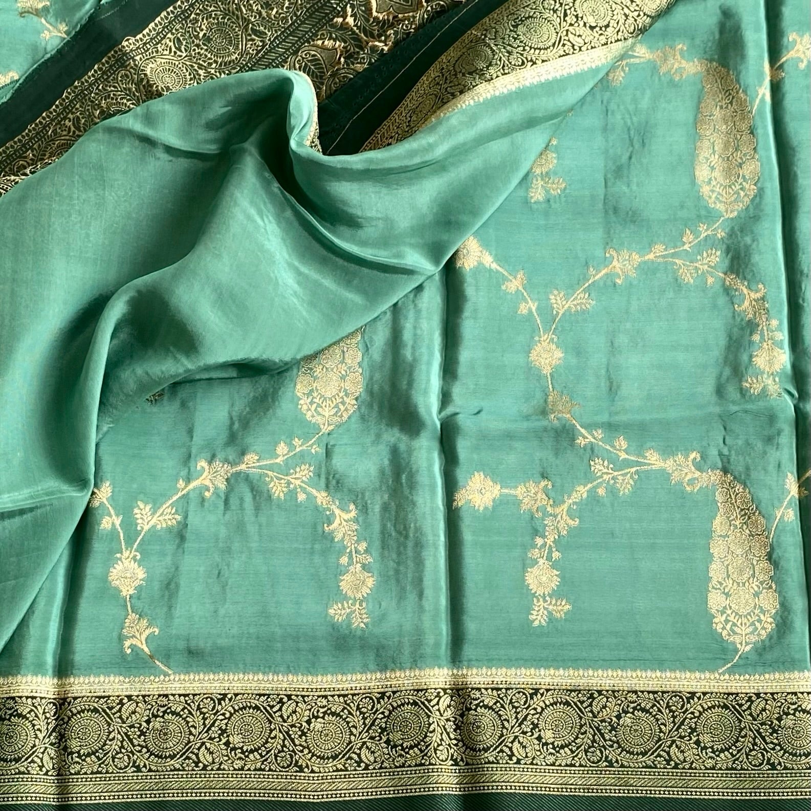 Teal Green Soft Tussar Silk Saree With Deep Emerald Green Pallu