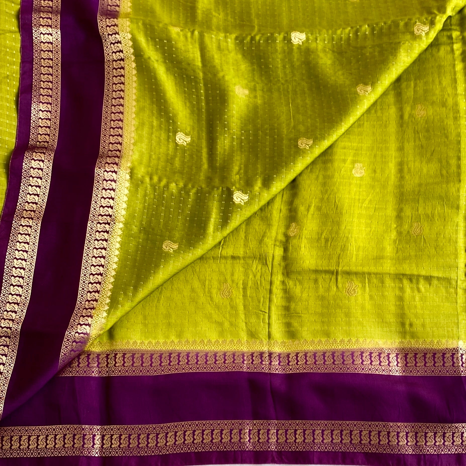 Chartreuse Green Soft Tussar Silk Saree With Royal Purple Pallu Gold Border