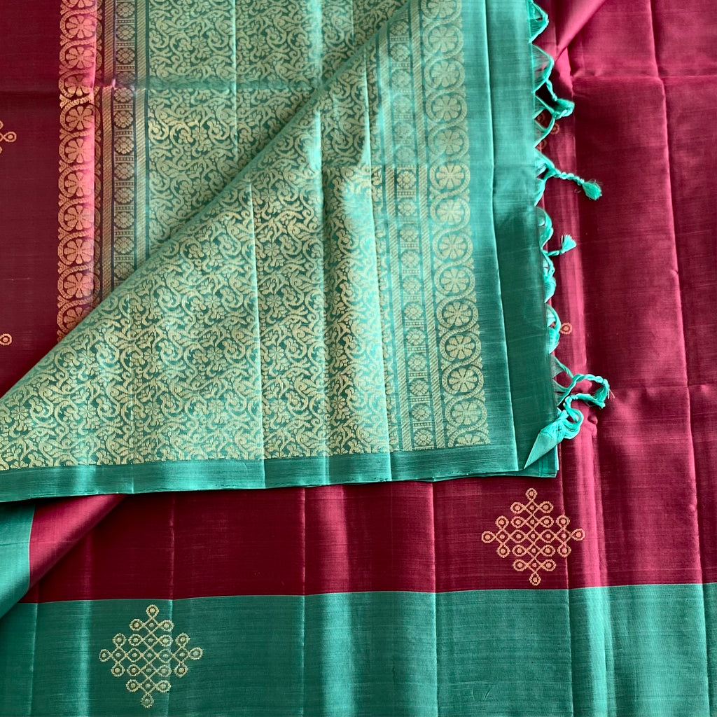 Wine Maroon Kollam Designer Pure Silk Saree With Teal Zari Pallu