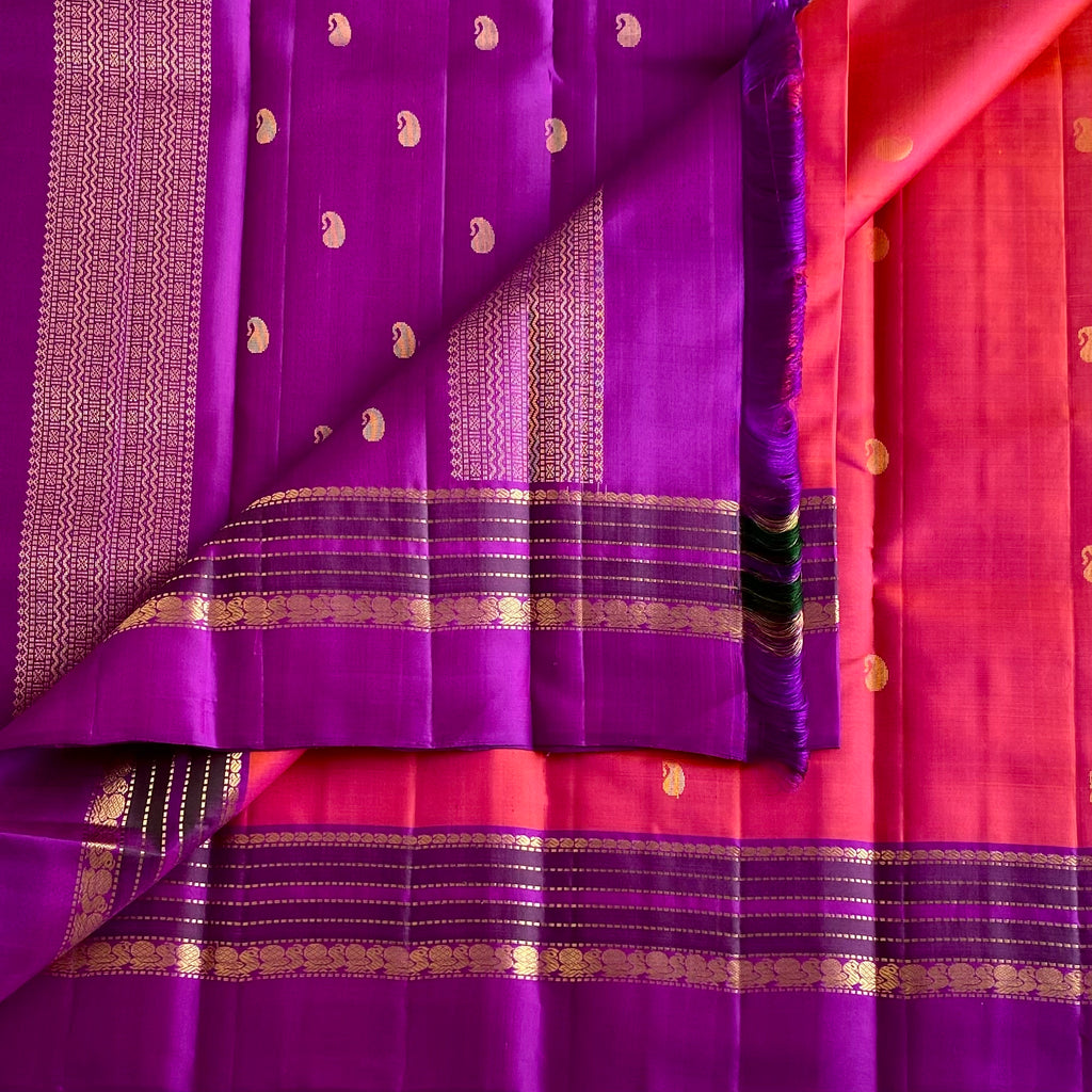 Kanakambari Orangish Pink & Royal Purple Kanjeevaram Pure Zari Silk Saree