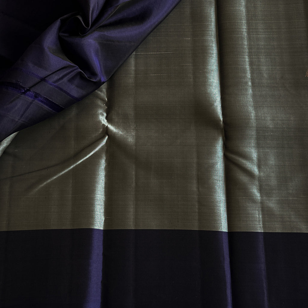 Deep Violet Pale Steel Blue Saree With Copper Leaf Zari