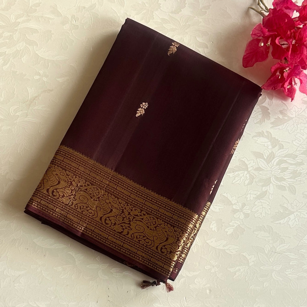 Traditional Deep Burgundy Silk Saree with Antique Gold Zari Border