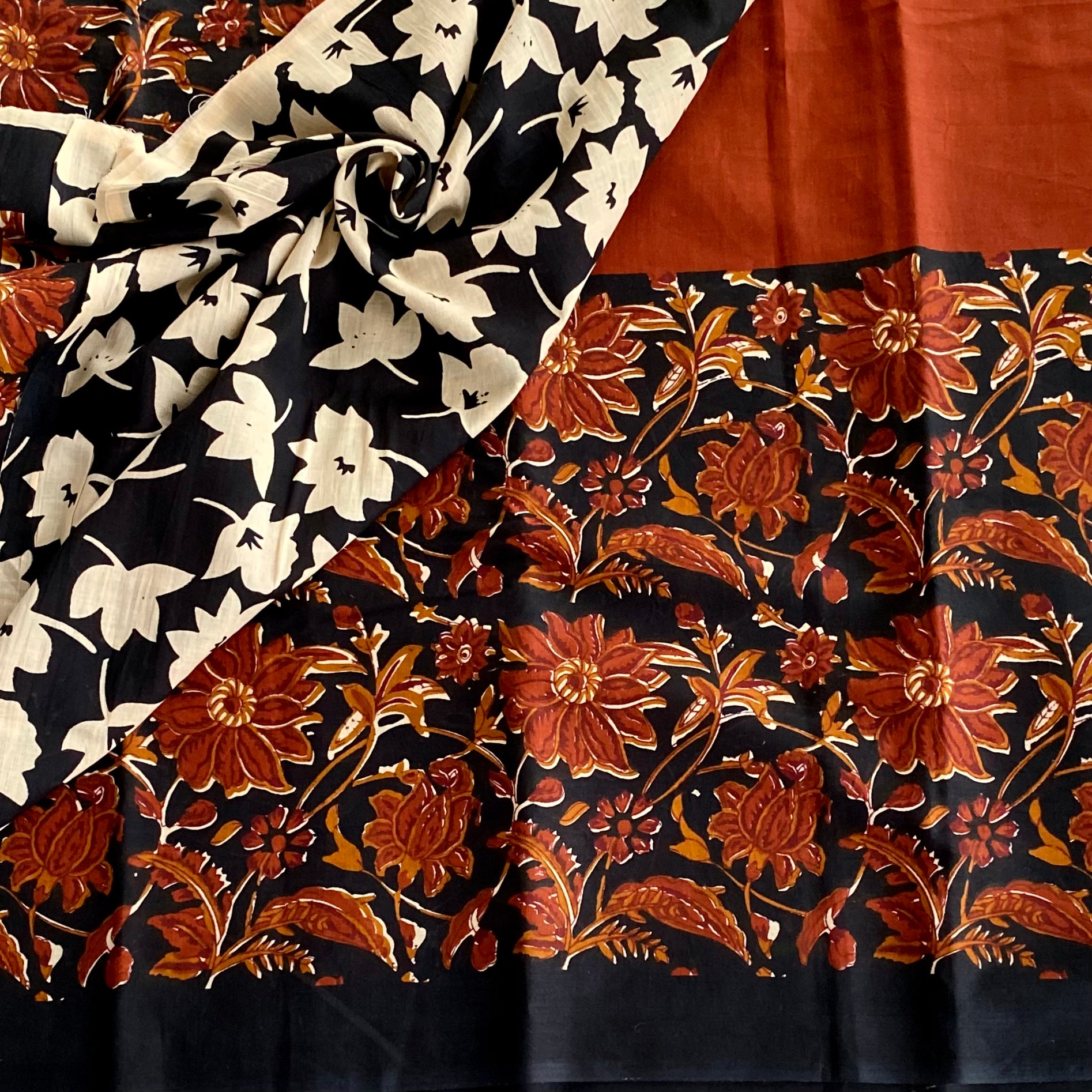 Midnight Black Floral Border Cotton Saree Burnt Sienna Pallu Traditional