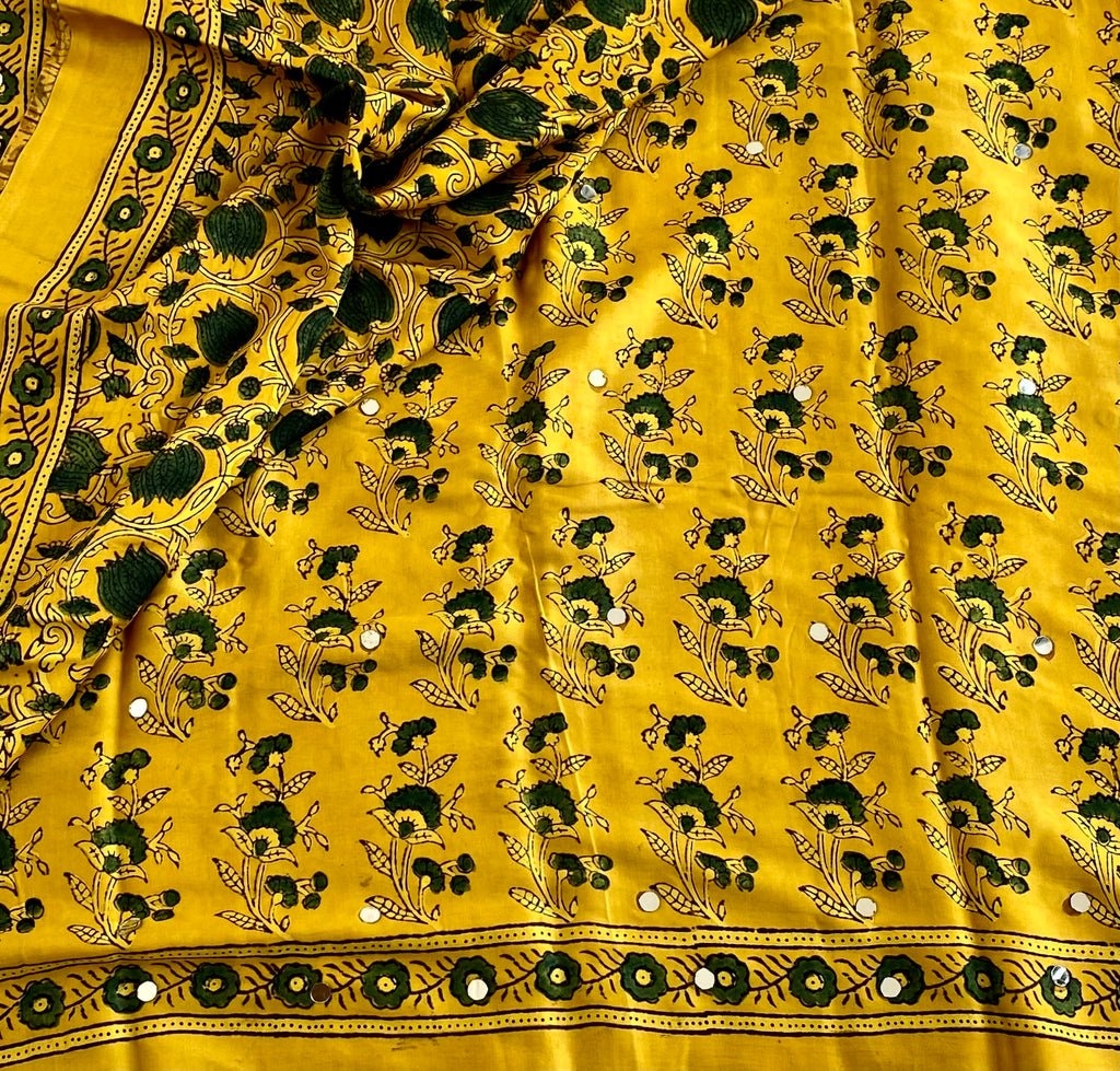 Mustard Yellow Designer Handcrafted Mirrorwork Ajrakh Silk Saree With Forest Green Motifs