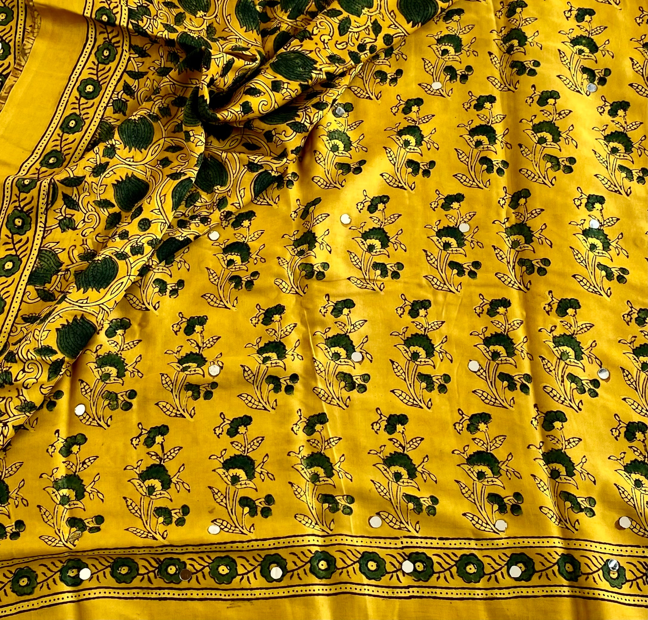 Mustard Yellow Designer Handcrafted Mirrorwork Ajrakh Silk Saree With Forest Green Motifs