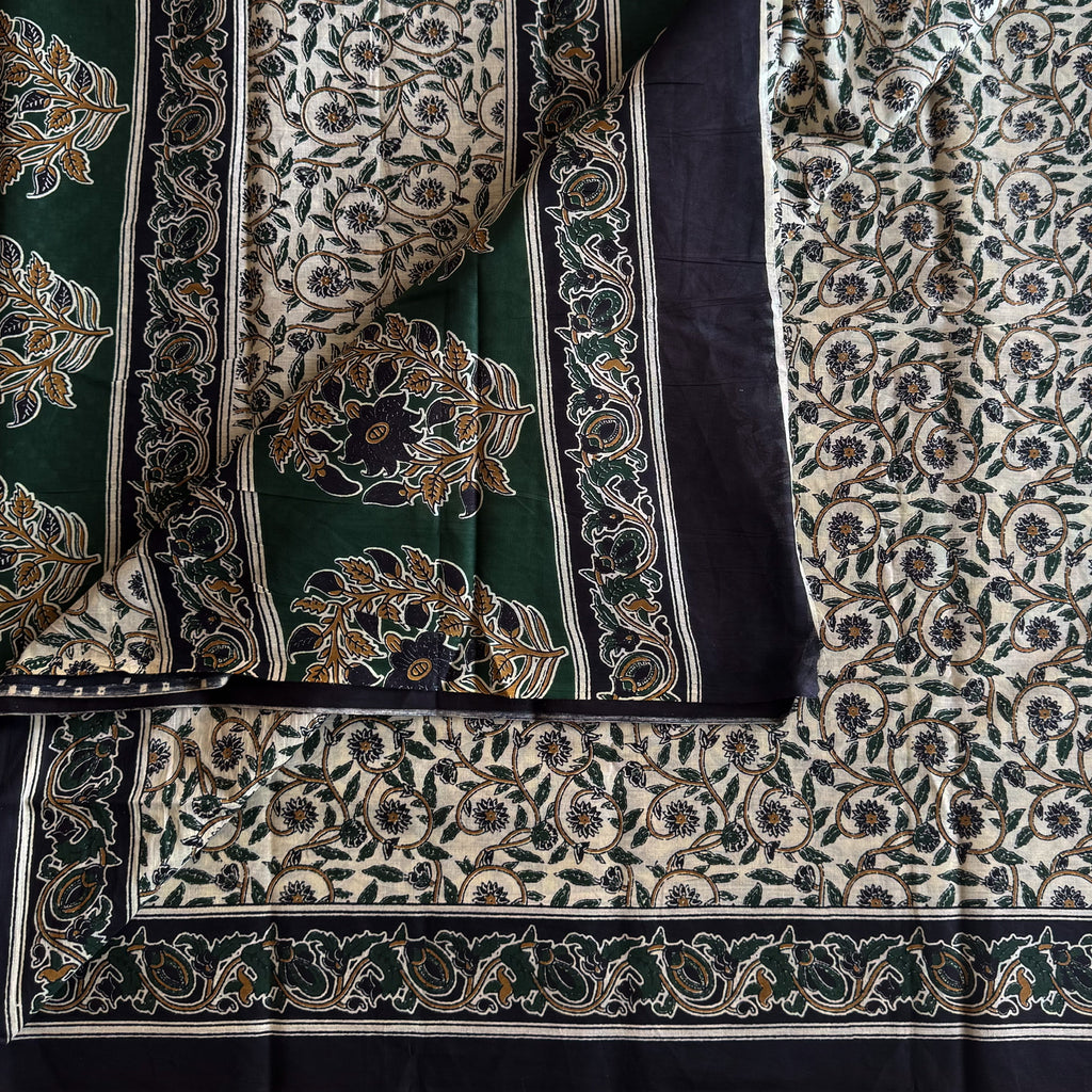 Forest Green Block Print Floral Saree with Black Paisley Border