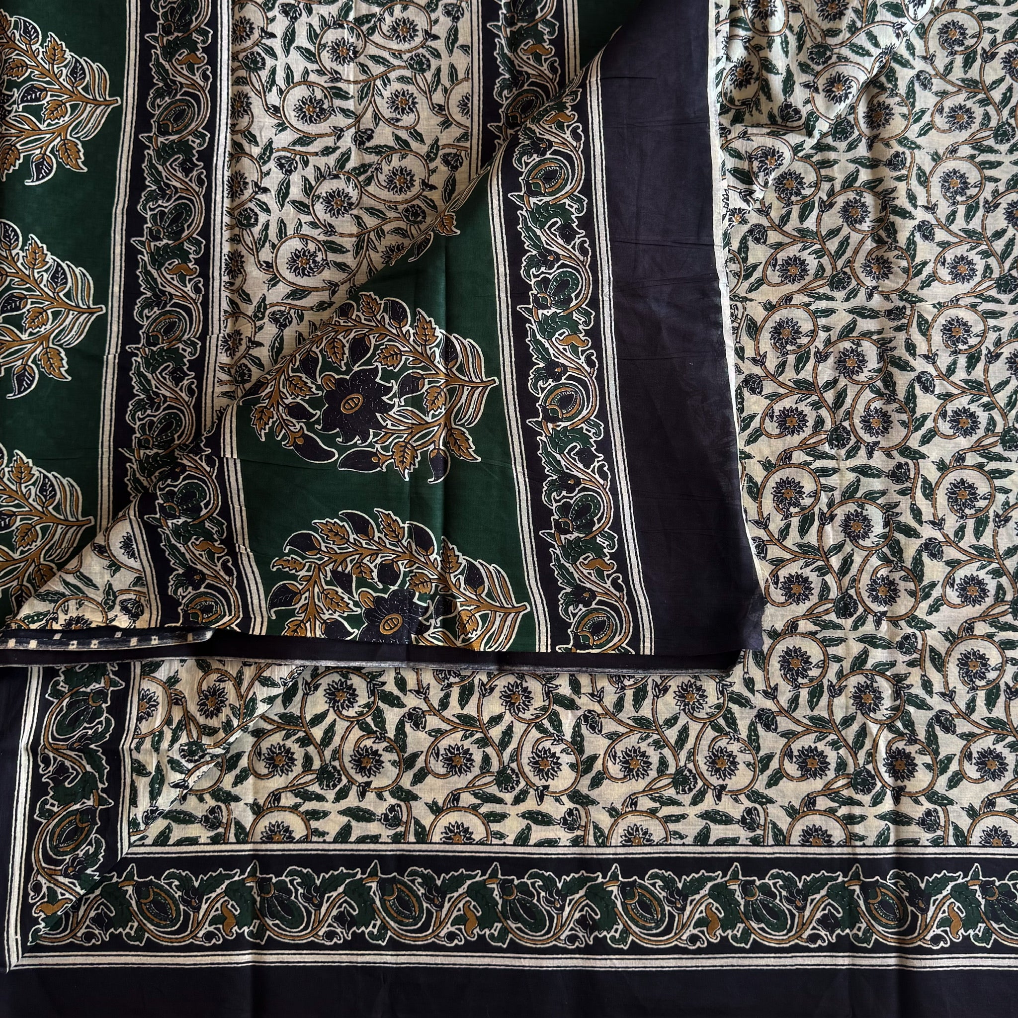 Forest Green Block Print Floral Saree with Black Paisley Border