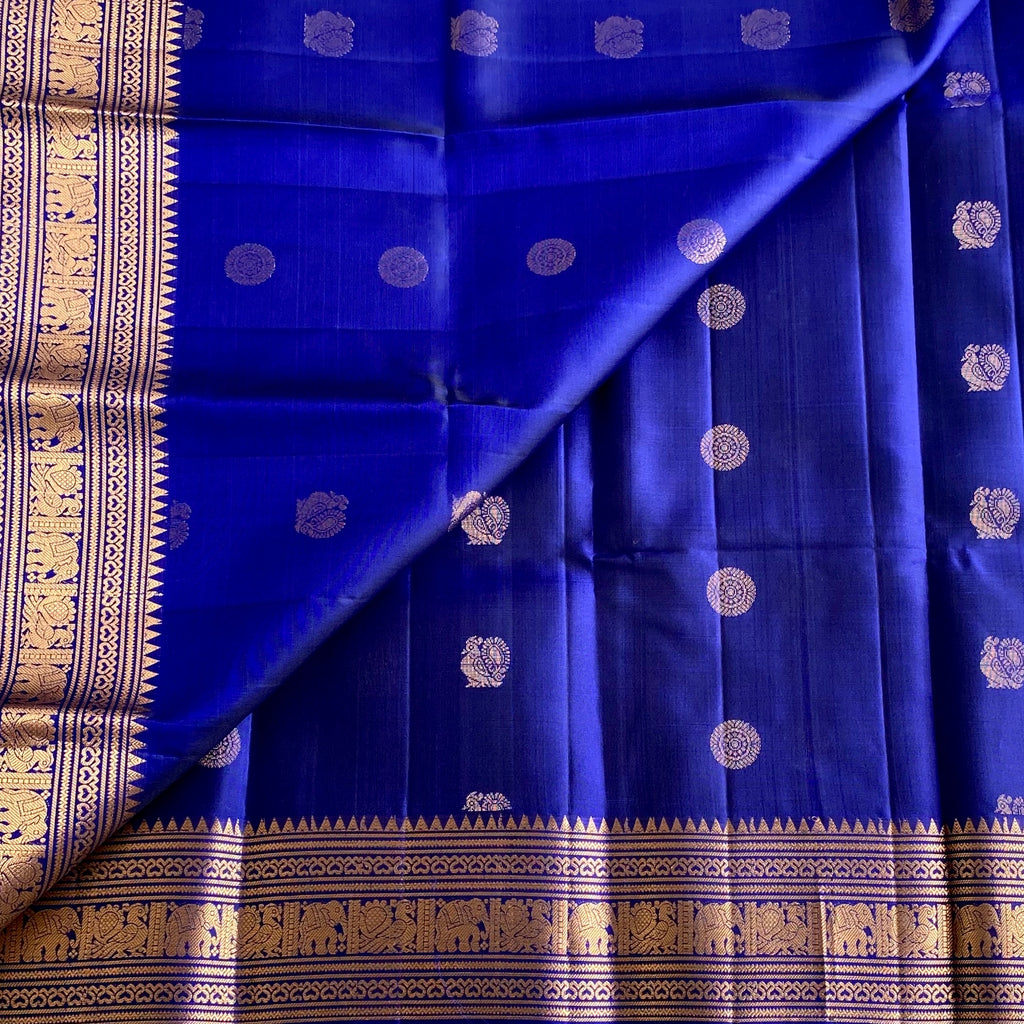 Royal Blue Antique Gold Designer Pure Silk Saree With Elephant Border