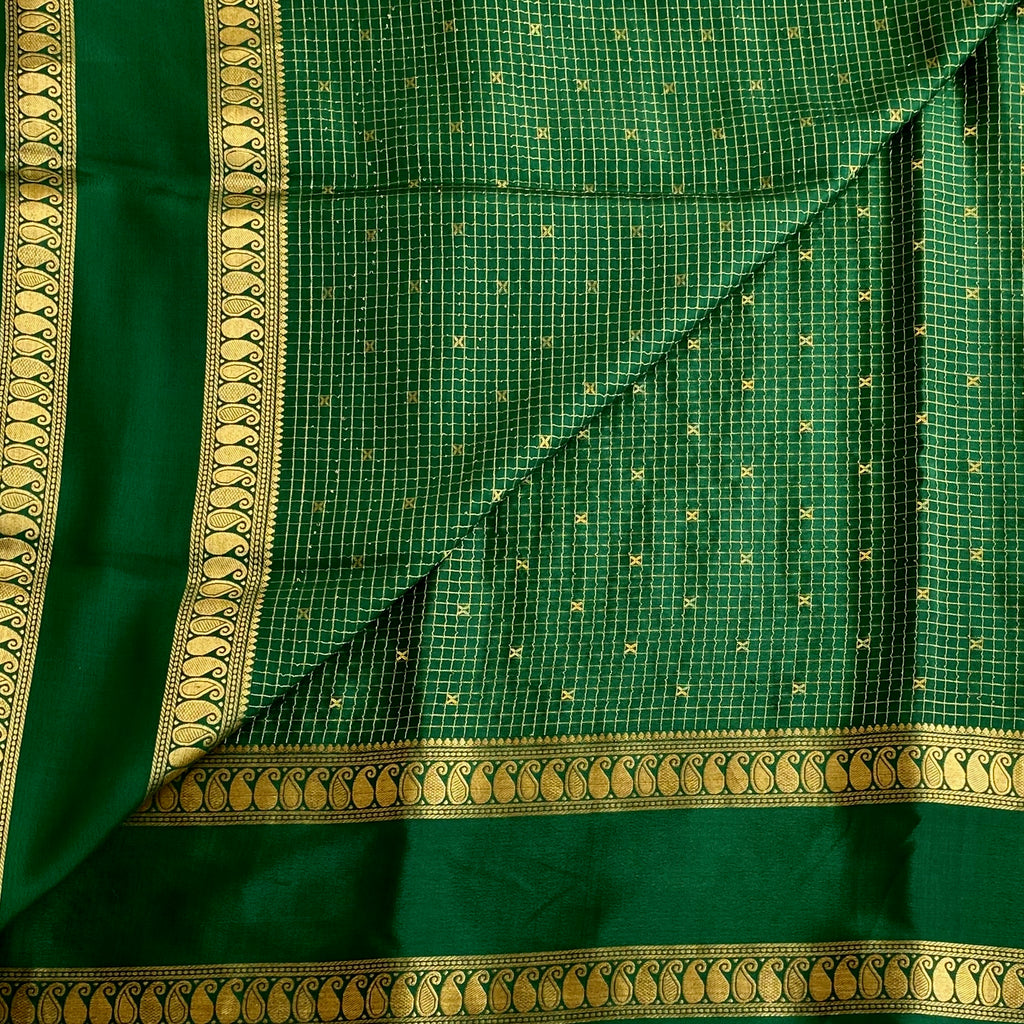 Emerald Green Mysore Crepe Silk Saree With Metallic Gold Paisley Border