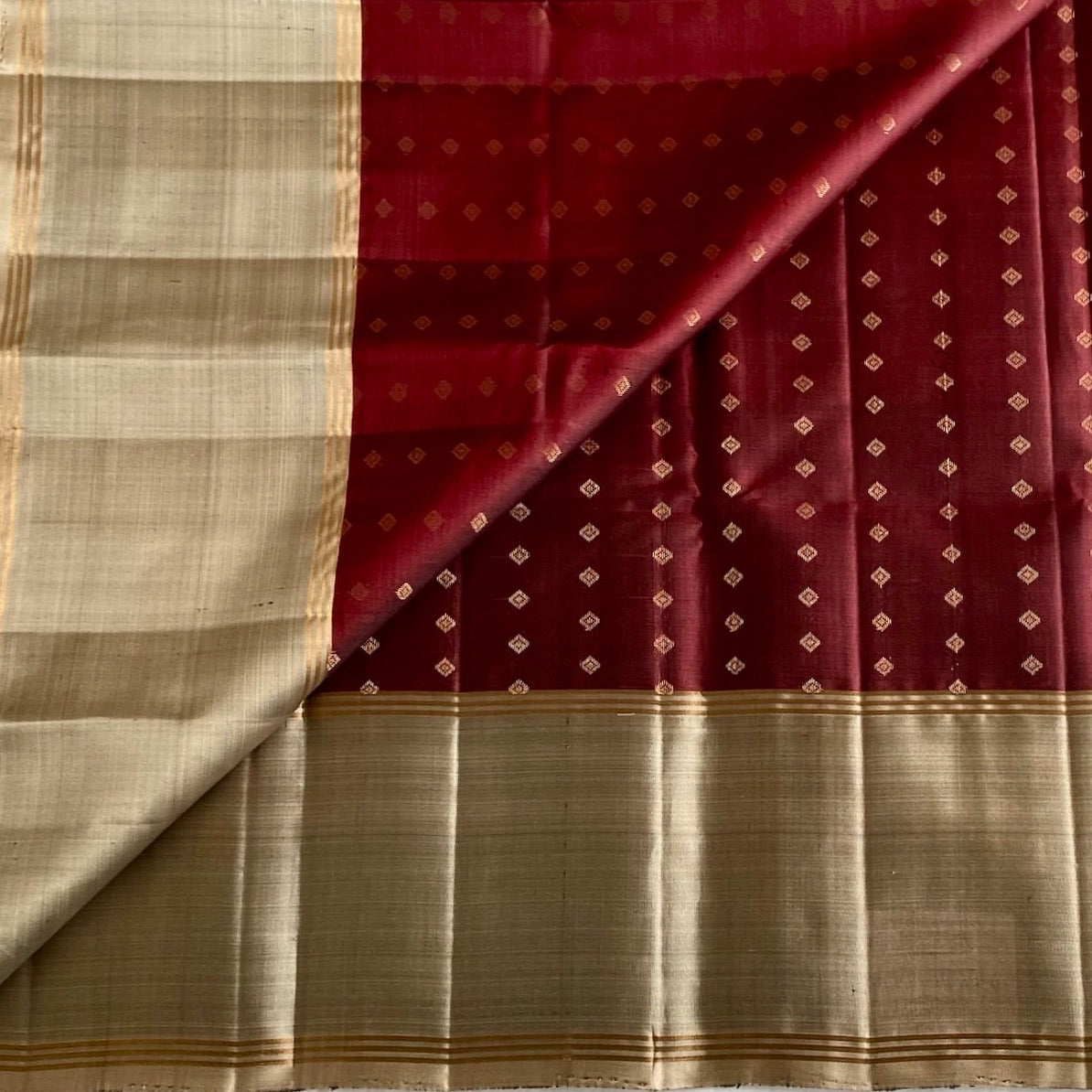 Deep Maroon Designer Pure Silk With Antique Gold Pallu
