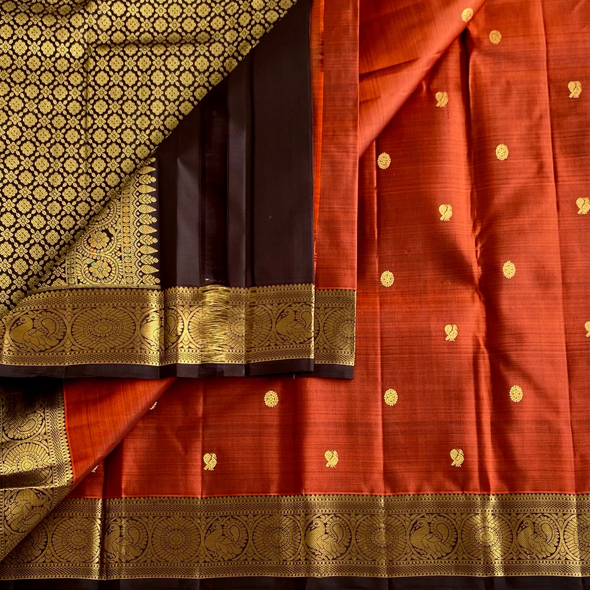 Classic Burnt Orange With Espresso Brown Pure Zari Kanjeevaram
