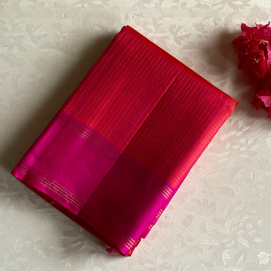 Magenta And Scarlet Red Designer Pure Silk Saree With Gold Zari