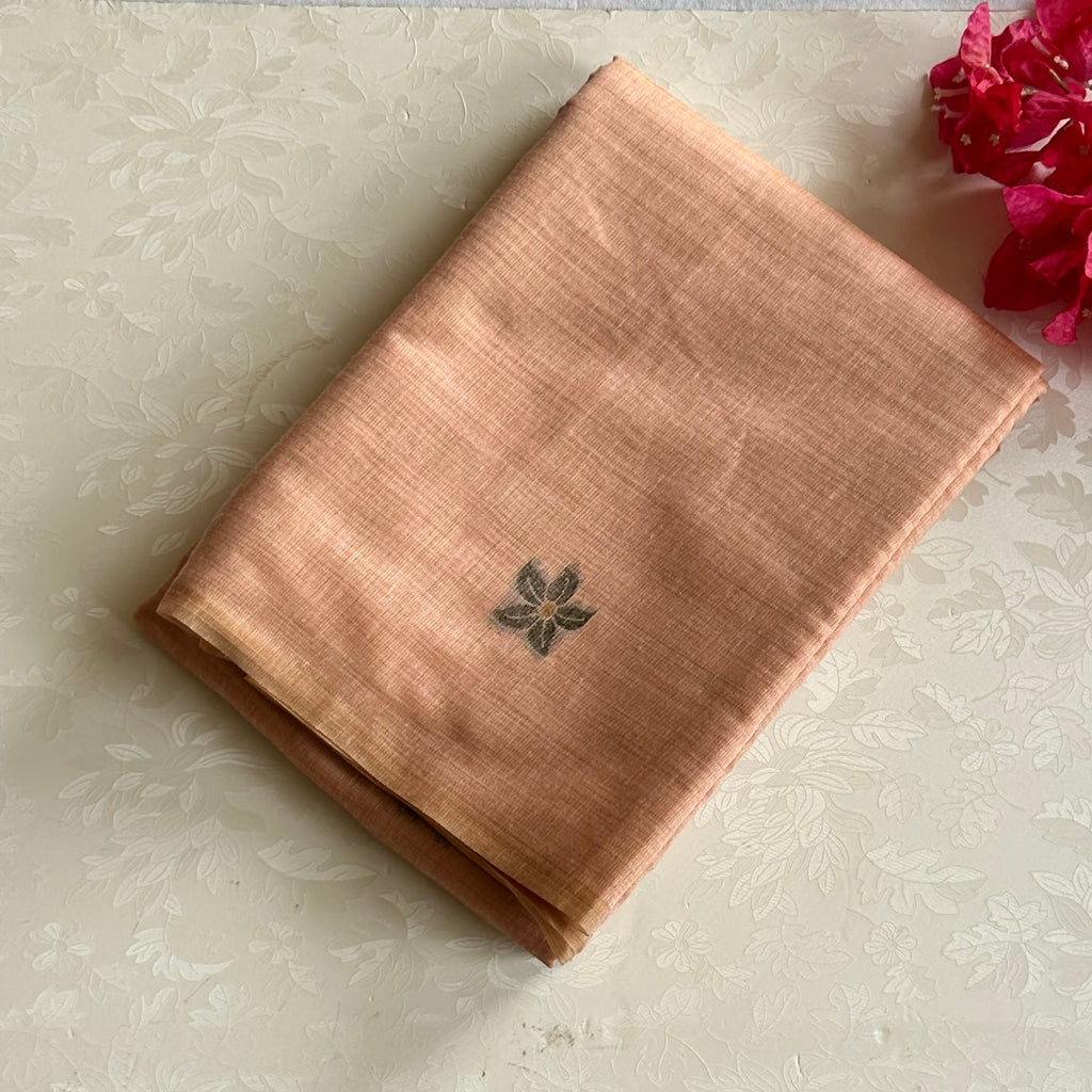 Blush Peach Floral Pallu Saree With Geometric Tassel Border Elegant