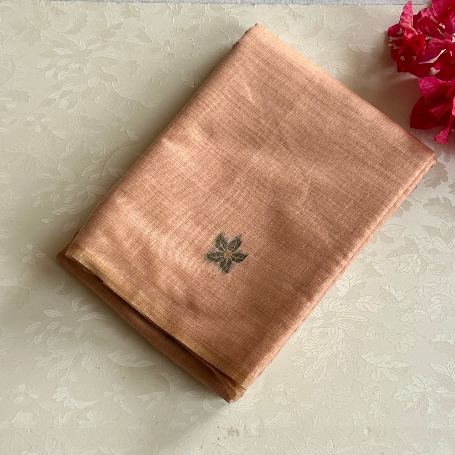Blush Peach Floral Pallu Saree With Geometric Tassel Border Elegant