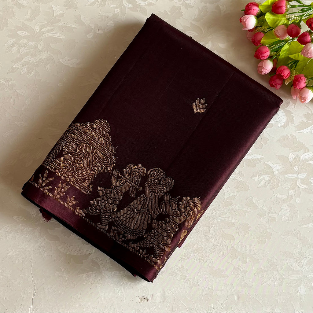 Deep Brown Burgundy Designer Pure Silk Saree With Antique Gold Zari