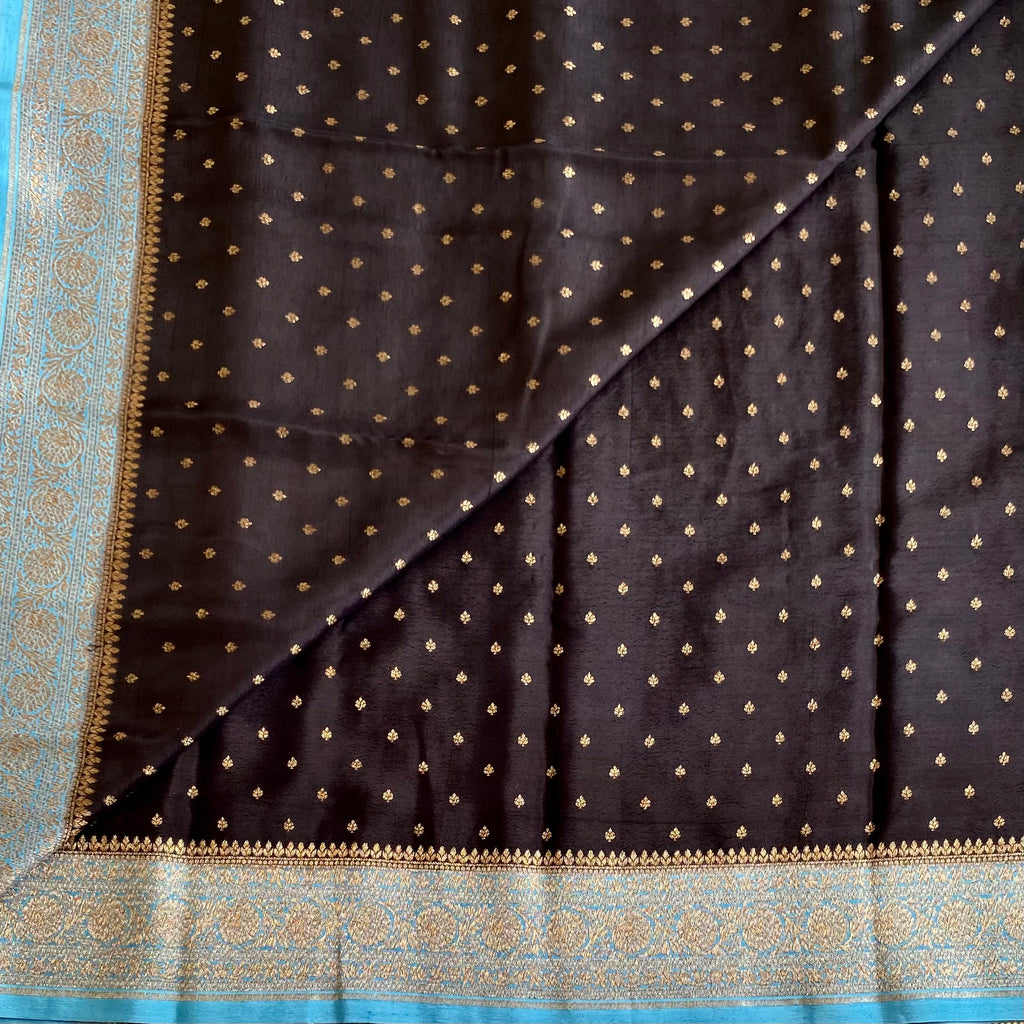 Jet Black Banarasi Crepe Silk Saree With Turquoise Pallu And Gold Border
