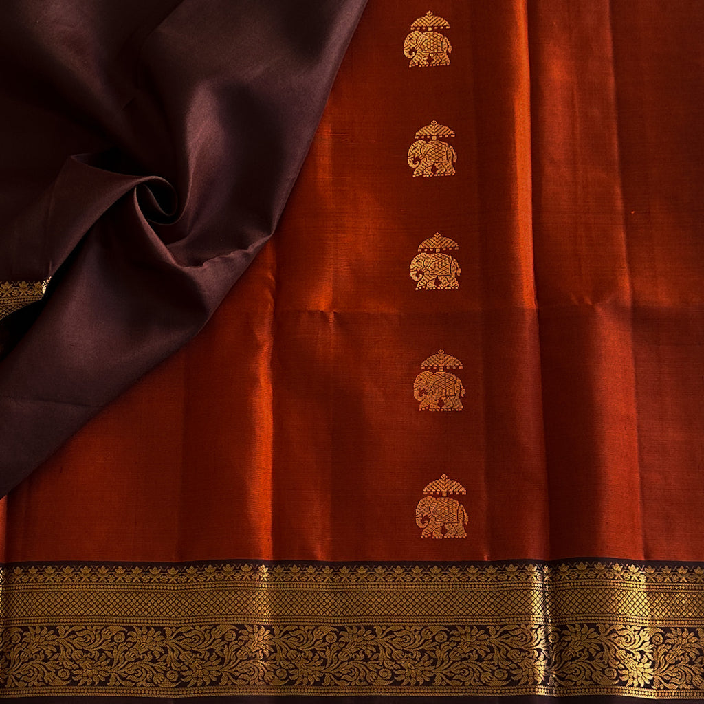 Burnt Orange Aubergine Silk Saree Antique Gold Zari Paisley Elephants