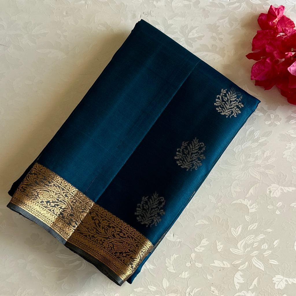 Peacock Blue Designer Pure Silk Saree With Antique Gold Pallu