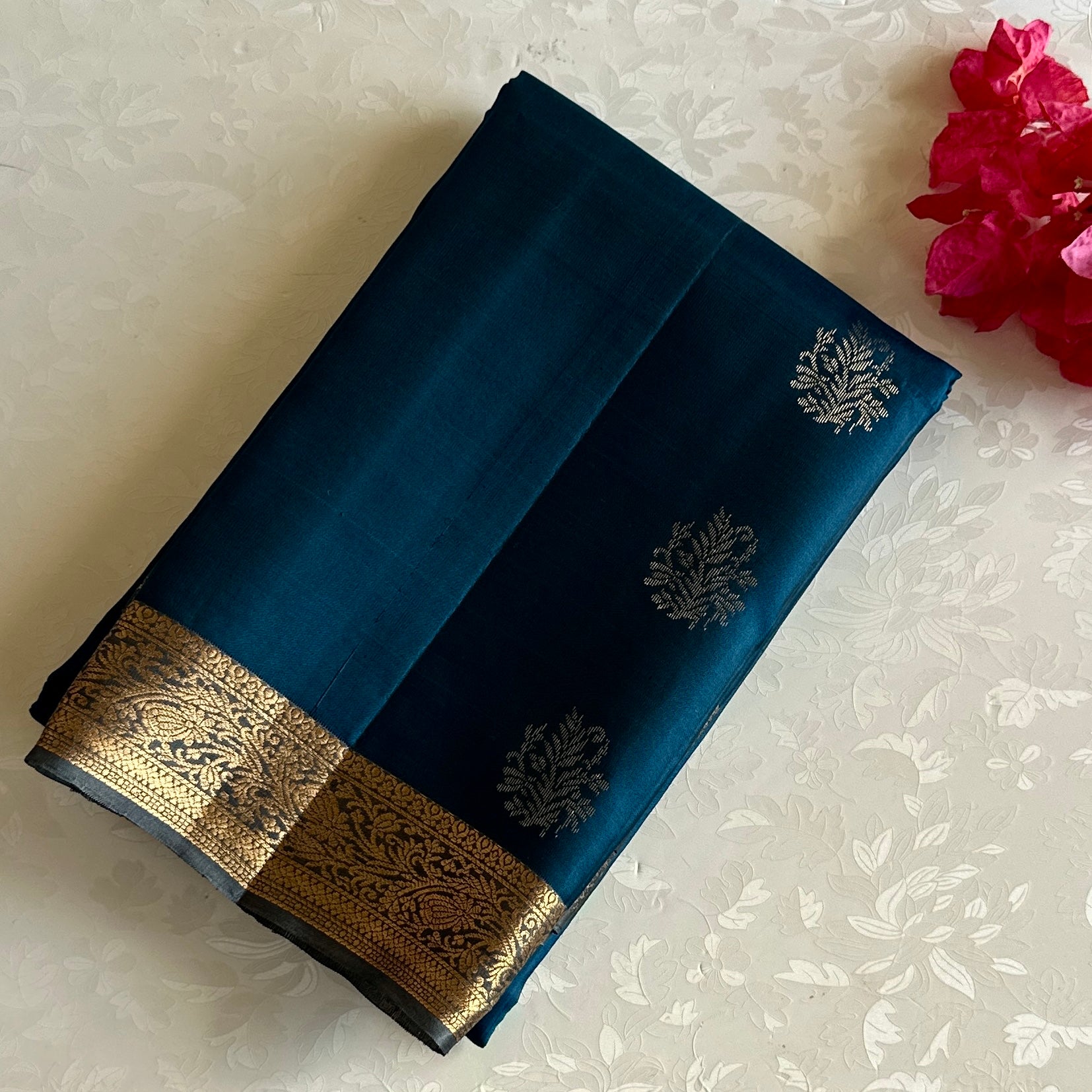 Peacock Blue Designer Pure Silk Saree With Antique Gold Pallu