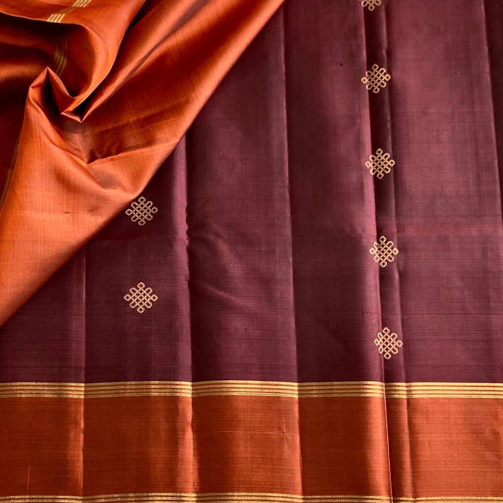 Sun-kissed Brown Designer Pure Silk Saree With Rust Orange Kollam Stunner