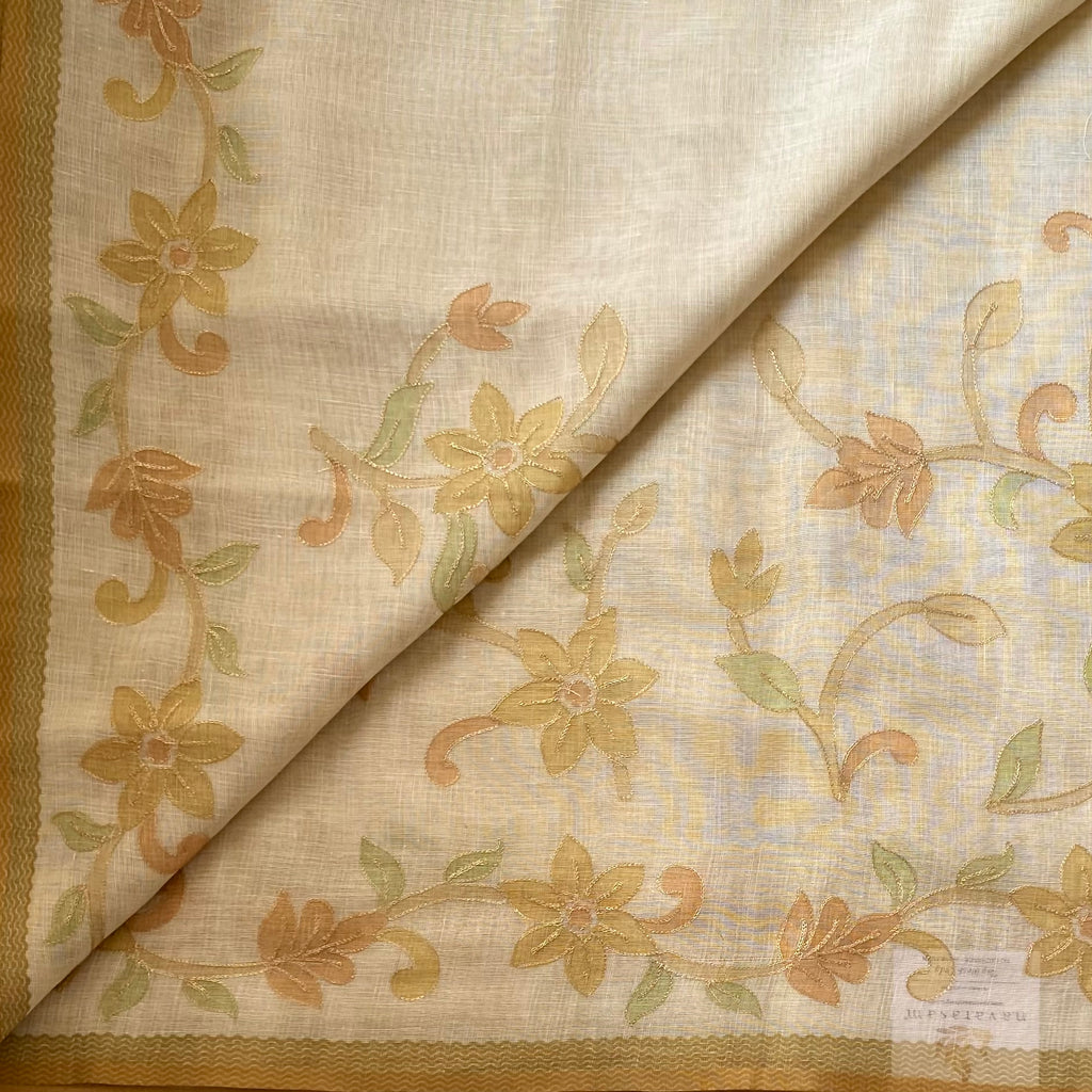 Cream Ecru Floral Embroidered Saree Pale Gold Border soft linen stunner