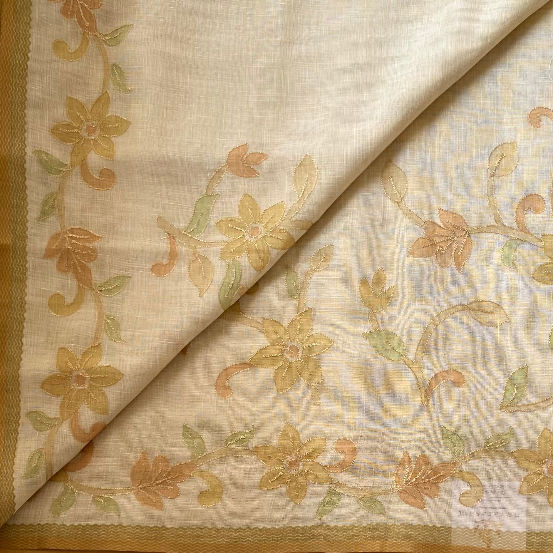 Cream Ecru Floral Embroidered Saree Pale Gold Border soft linen stunner