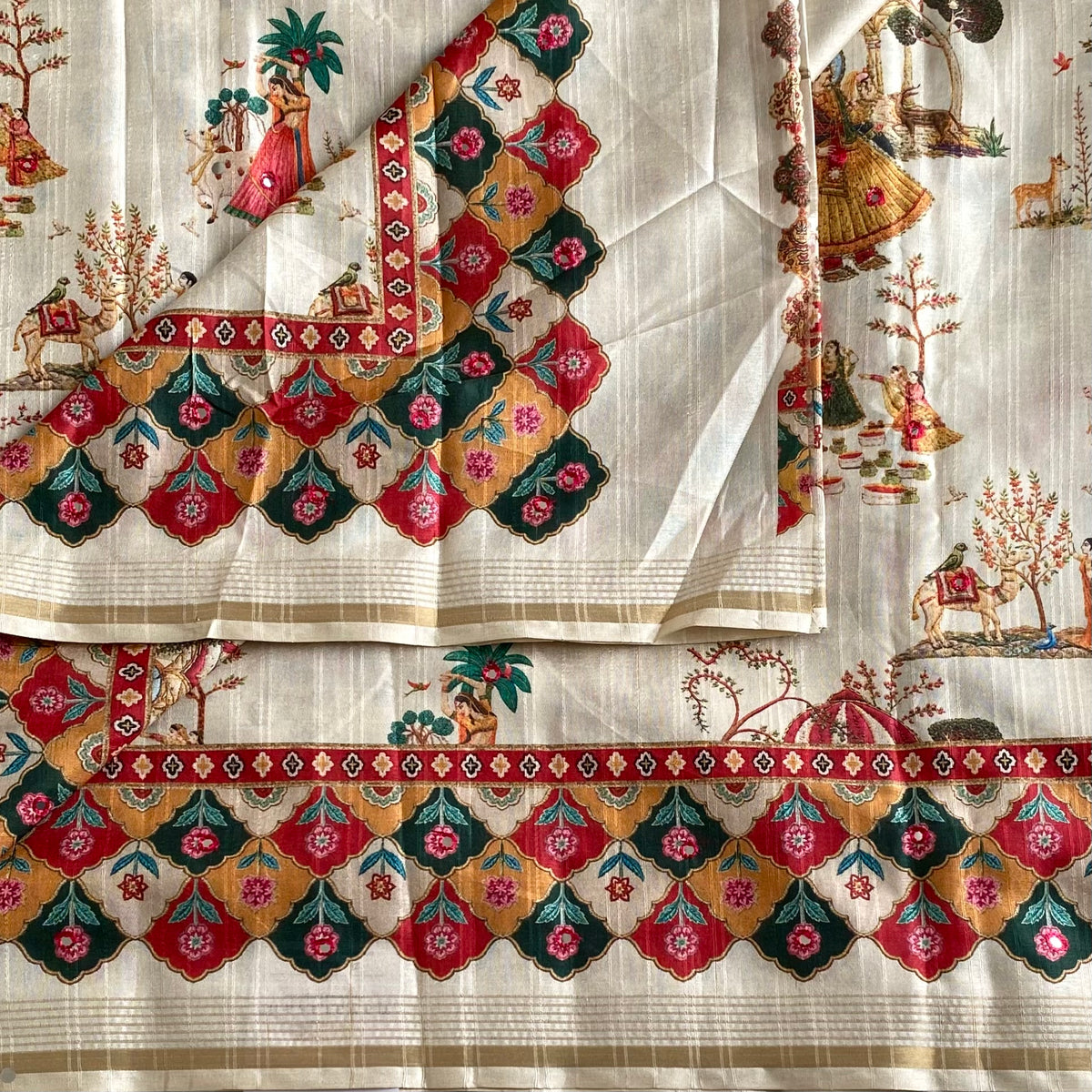 Ivory Designer Soft Printed Tussar Saree Mustard Yellow & Mirror Work