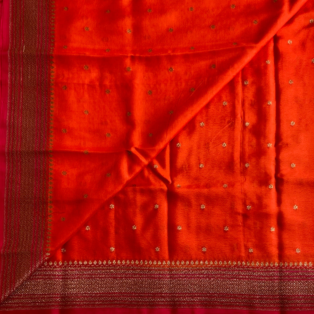 Tangerine Orange & Rani Pink Banarasi Crepe Silk Saree With Border