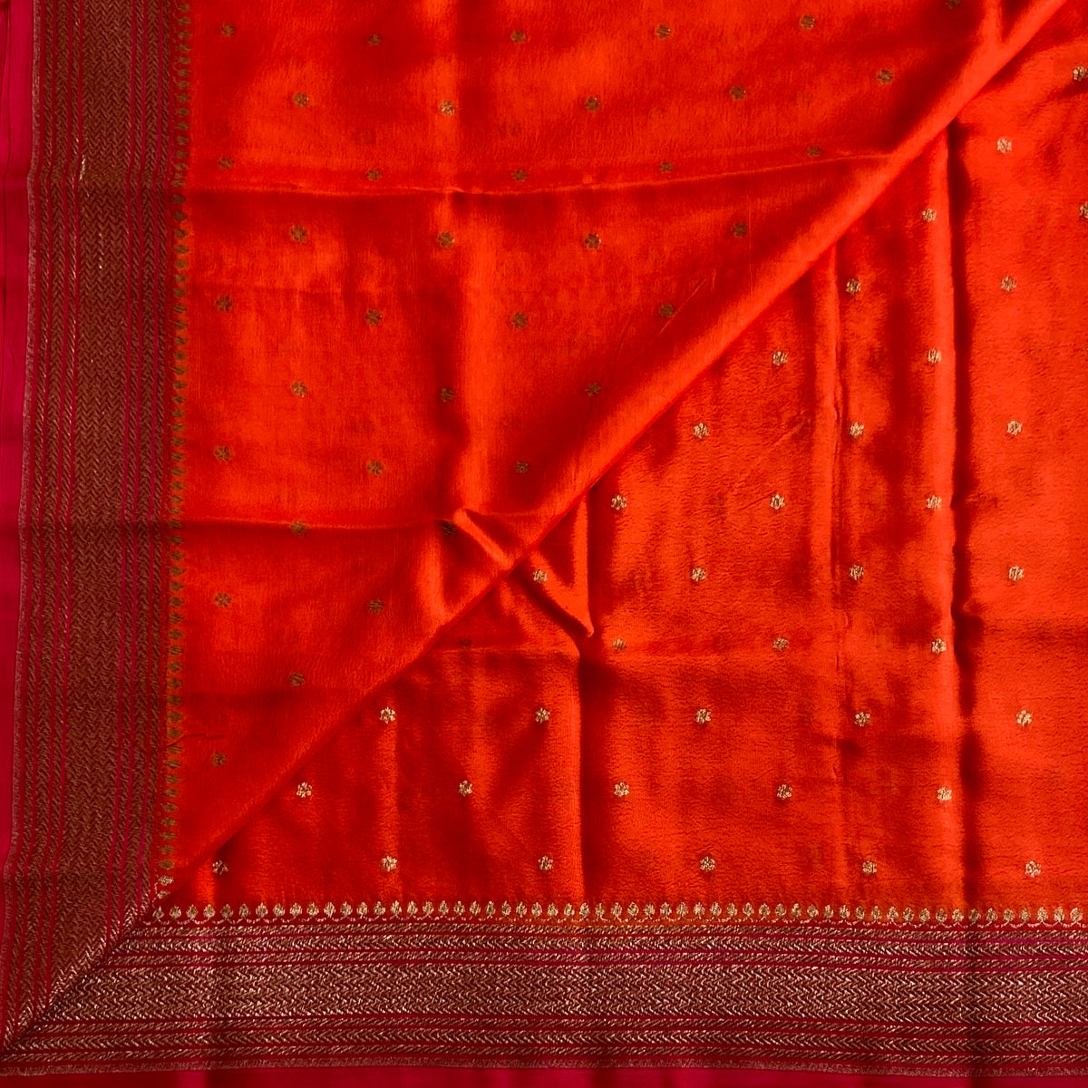 Tangerine Orange & Rani Pink Banarasi Crepe Silk Saree With Border