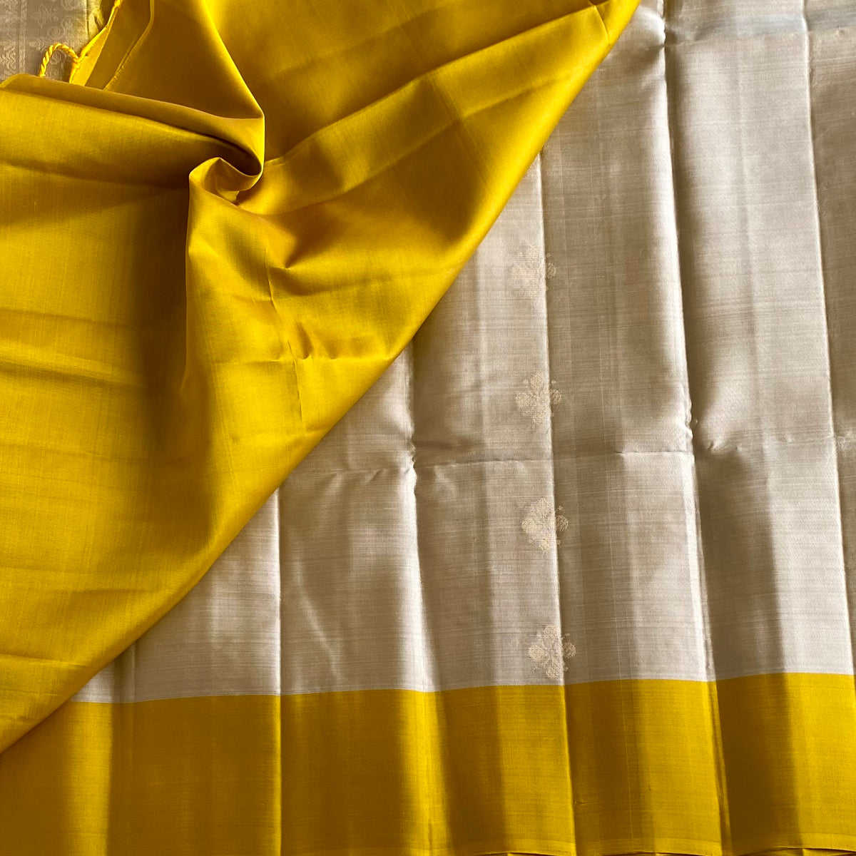 Taupe Beige Designer Pure Silk Saree With Mustard Yellow Pallu