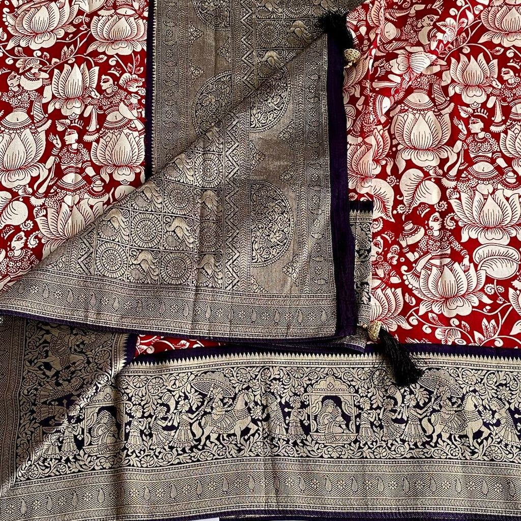 Scarlet Red  Soft Tussar Silk With midnight Blue borders