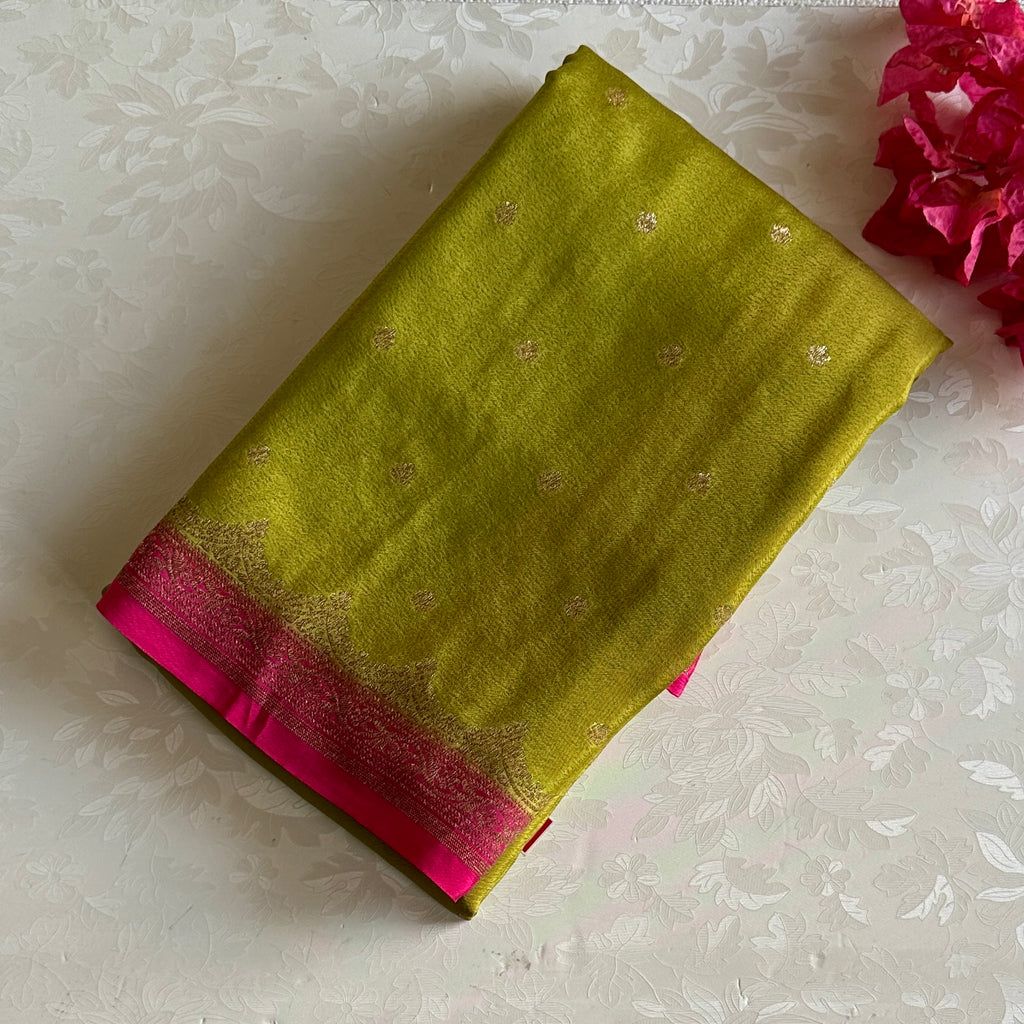 Olive Green Banarasi soft crêpe silk With Rani Pink Pallu