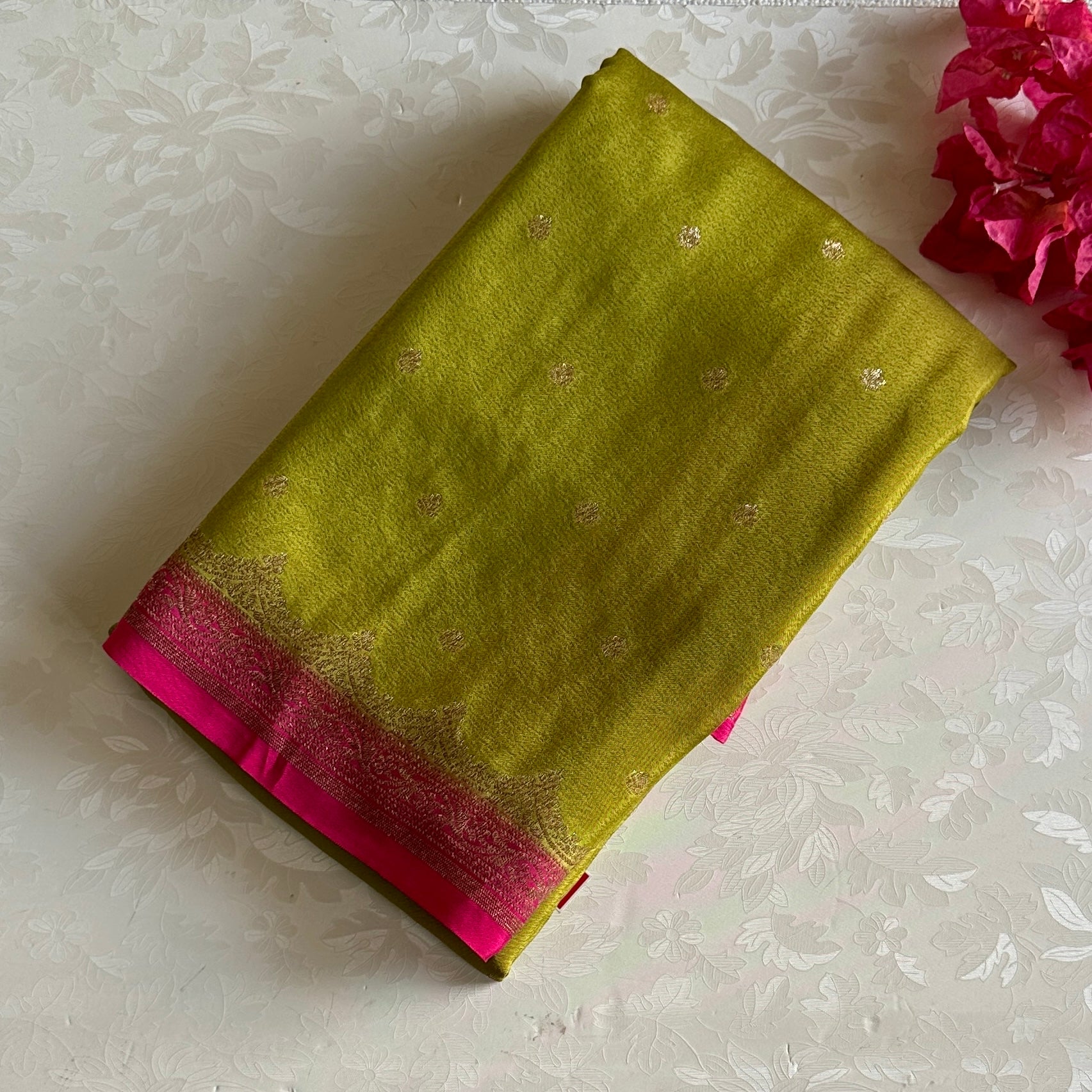 Olive Green Banarasi soft crêpe silk With Rani Pink Pallu