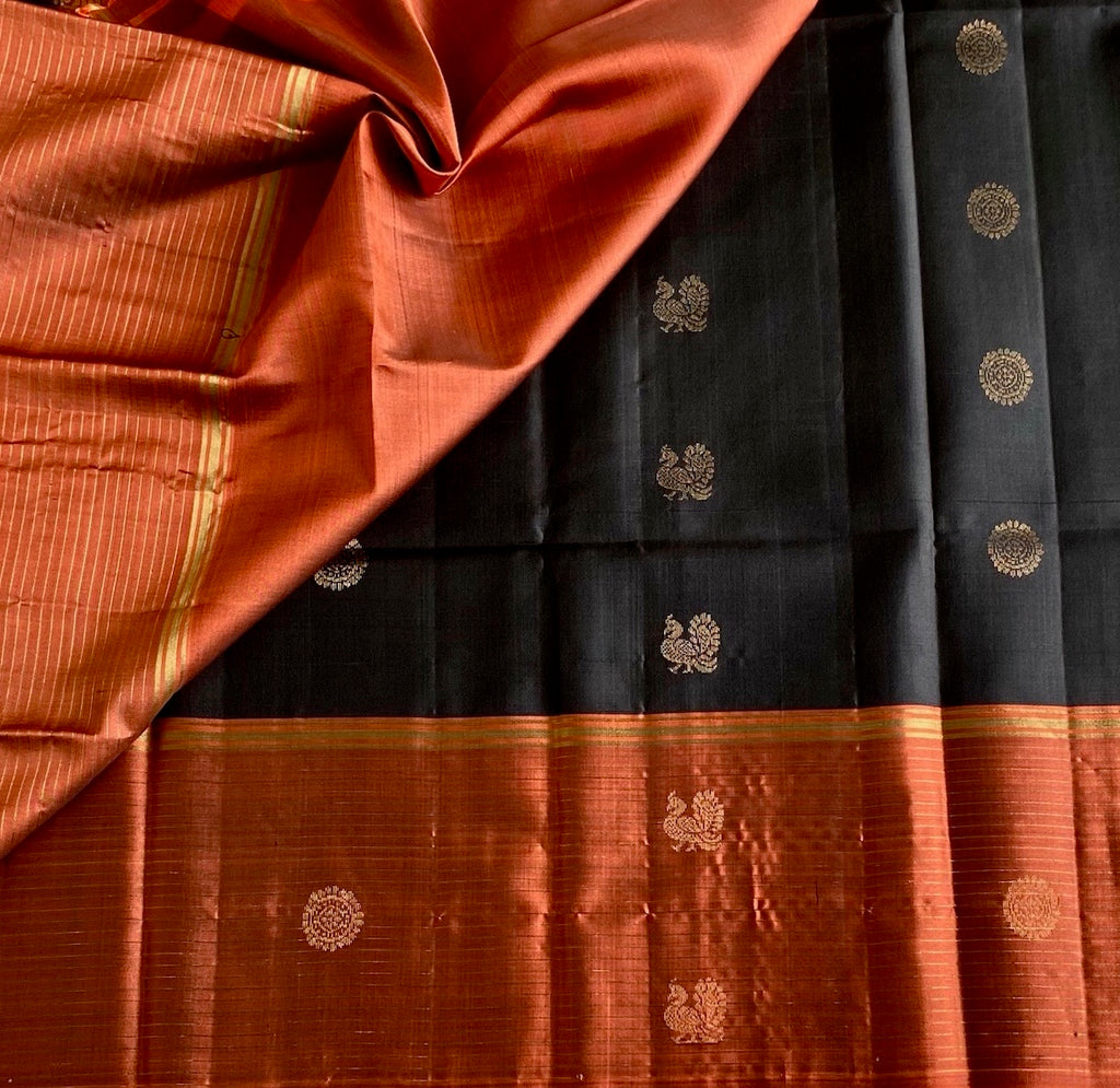 Burnt Orange Designer Pure Silk Saree With Jet Black Border