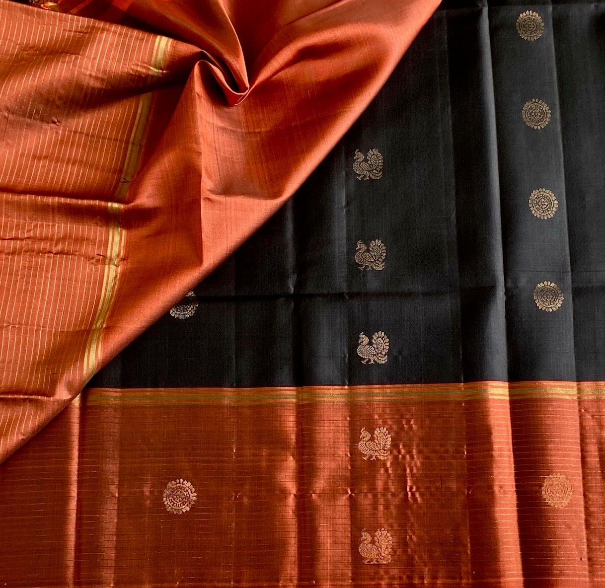 Burnt Orange Designer Pure Silk Saree With Jet Black Border