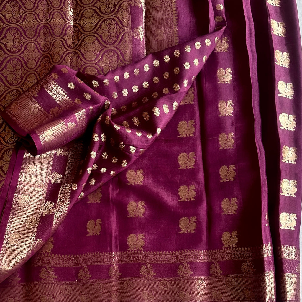 Deep Magenta Silk Saree Gold Brocade Peacock Zari Border Traditional