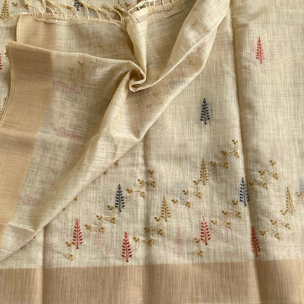 Light Beige Lightweight Tussar Embroidered Motifs With Tan Border Tassels