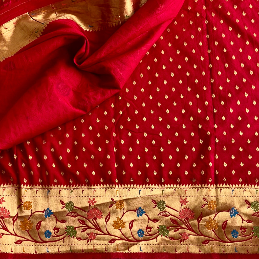 Cherry Red Soft crepe Silk Saree With Antique Gold Floral Pallu