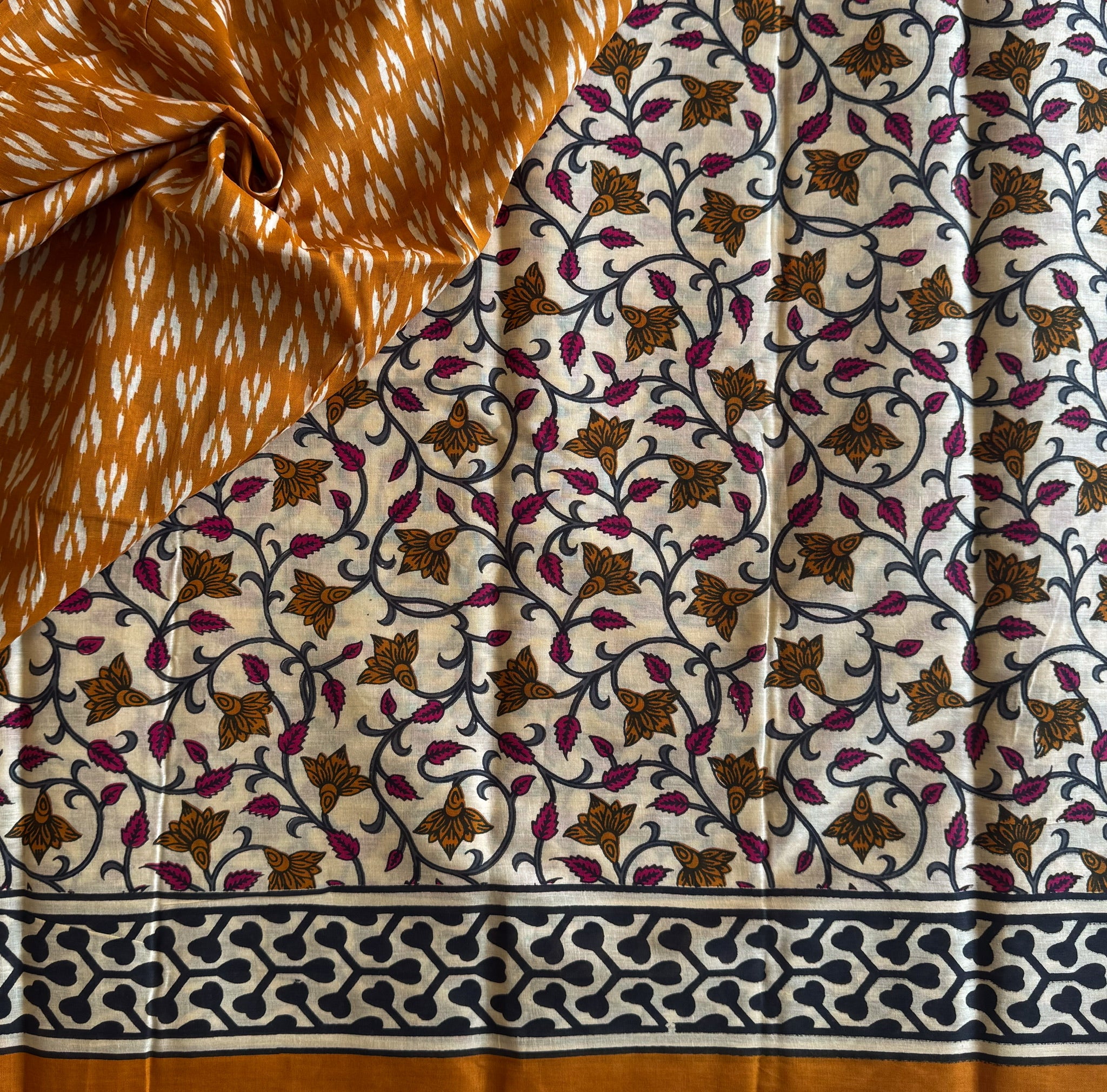 Ivory Charcoal Burnt Orange Floral Block Print Traditional Soft Saree