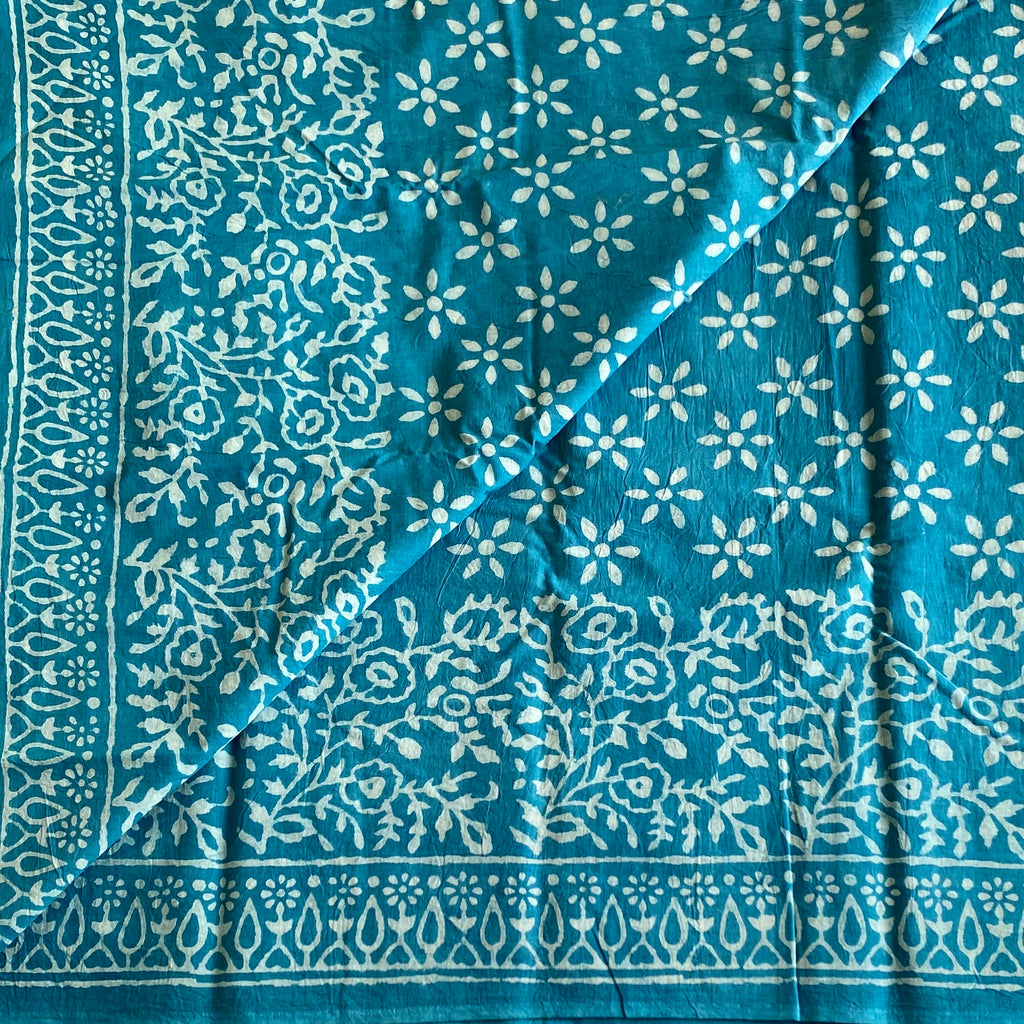 Teal Blue Soft Tussar Silk Saree With White Block Print